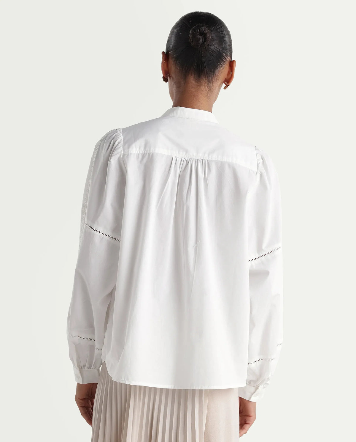 Rareism Women's Miel Off White Cotton Full Sleeve Mandarin Collar Relaxed Embroidered Top
