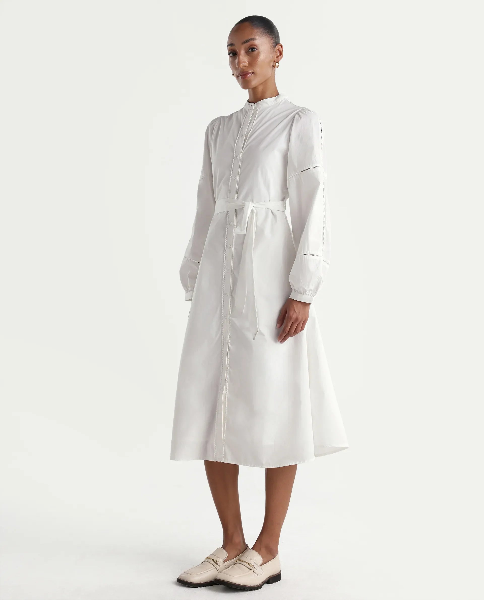 Rareism Women's Miko Off White Cotton Full Sleeve Mandarin Collar A-Line Embroidered Dress