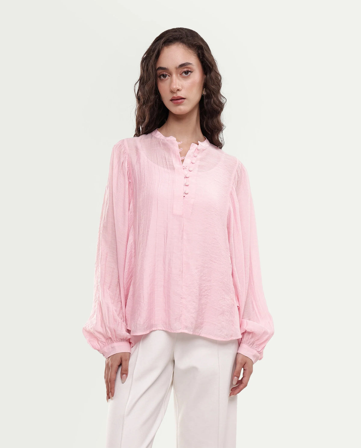Rareism Women's Minis Light Pink Viscose Full Sleeve Band Collar Regular Top