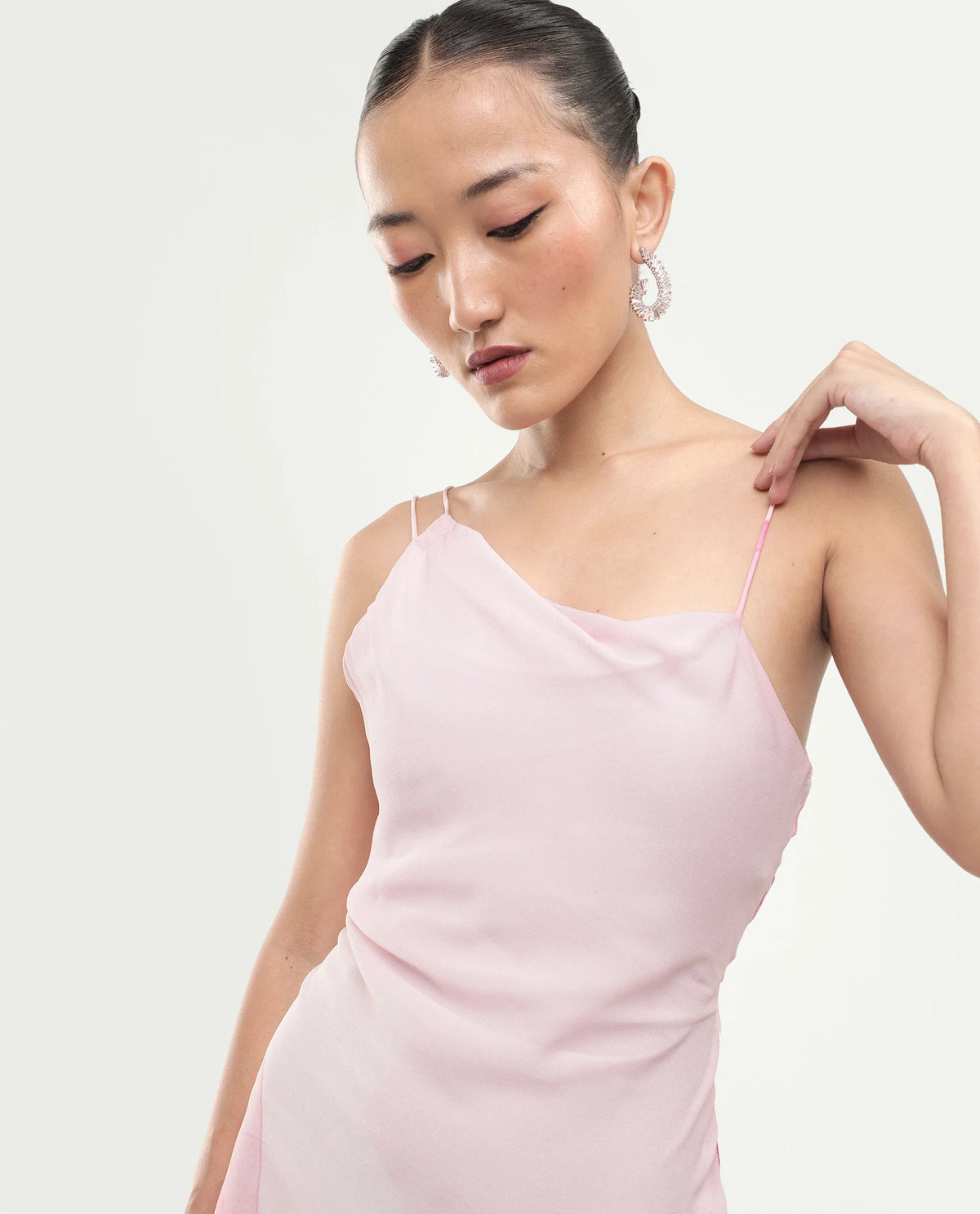 Rareism Women's Minzo Light Pink Viscose Sleeveless One Shoulder Asymmetric Floral Print Dress