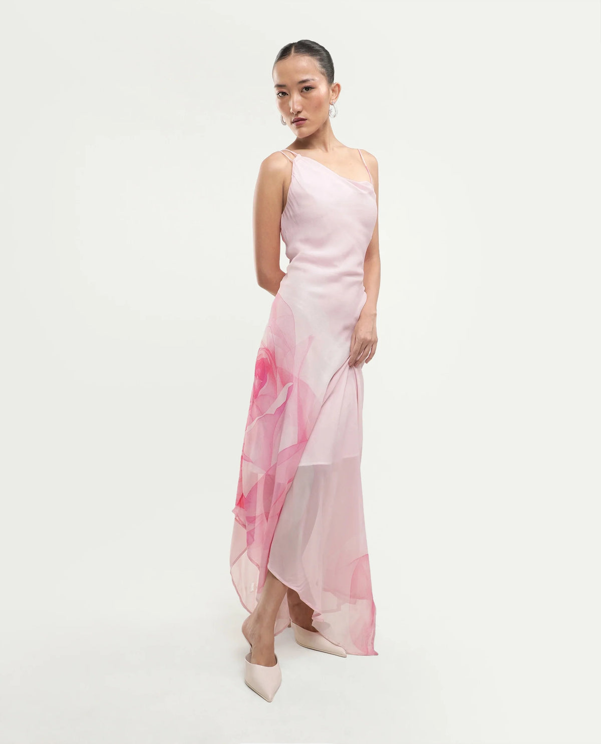 Rareism Women's Minzo Light Pink Viscose Sleeveless One Shoulder Asymmetric Floral Print Dress