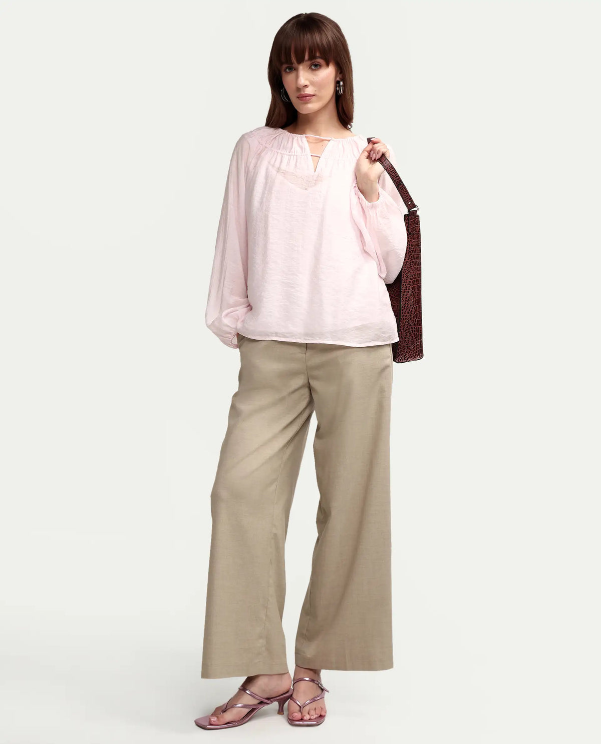 Rareism Women's Mirino Light Pink Viscose Full Sleeve Boat Neck Regular Top