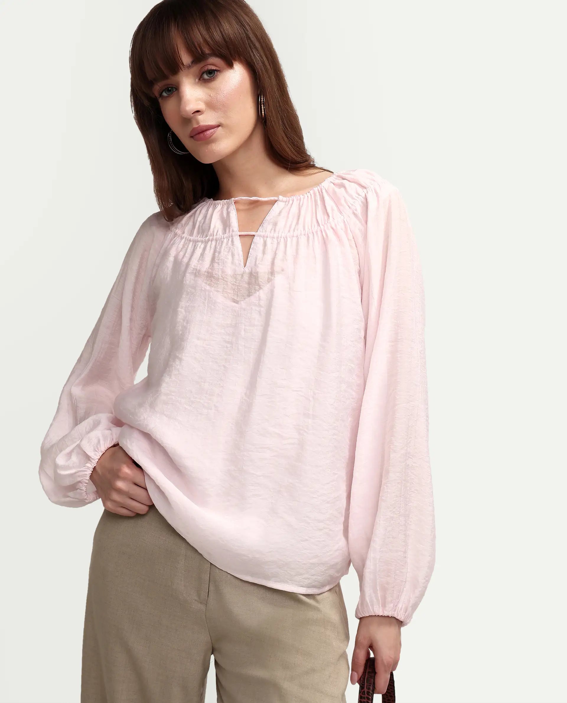 Rareism Women's Mirino Light Pink Viscose Full Sleeve Boat Neck Regular Top
