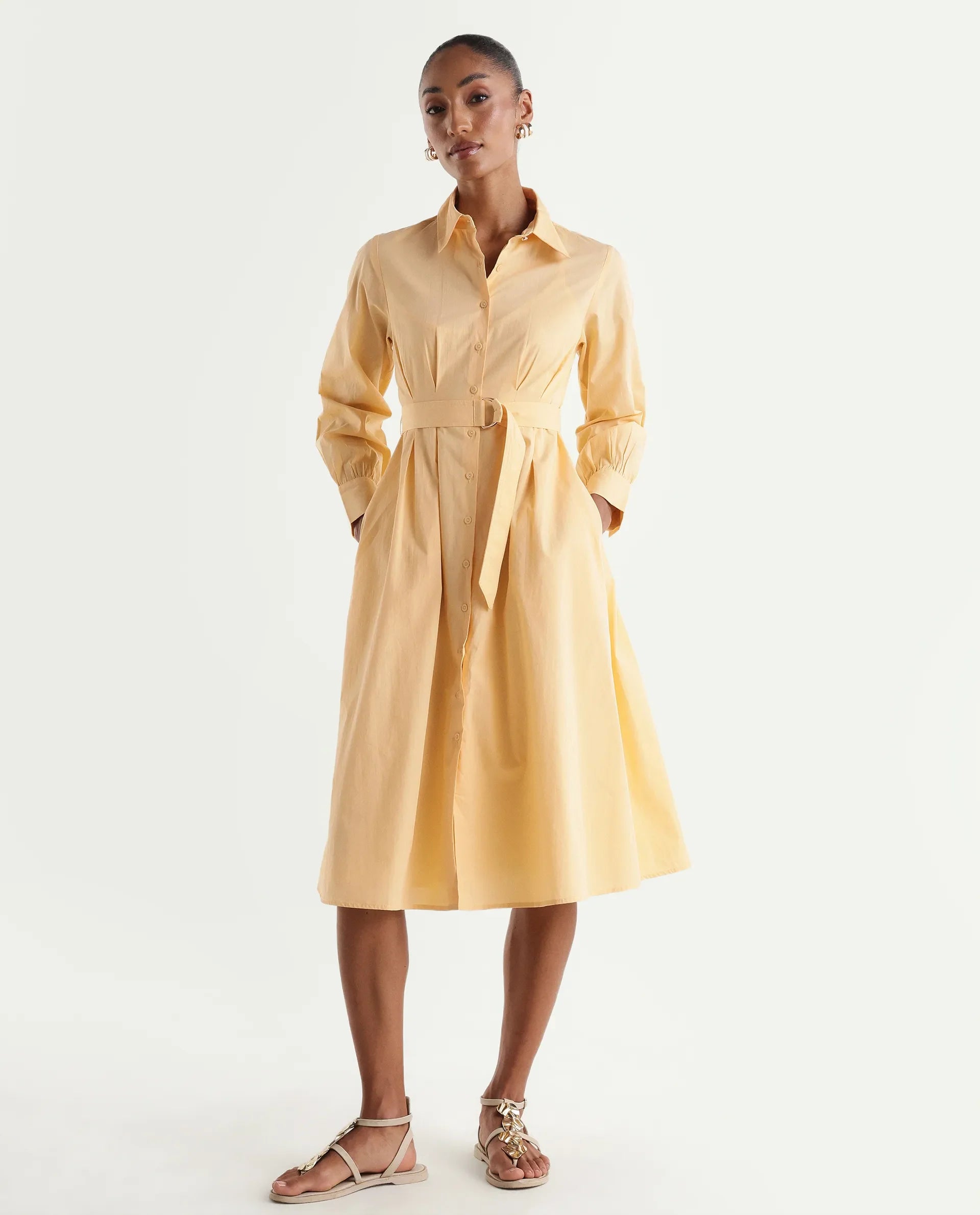 Rareism Women's Misar Light Yellow Cotton Full Sleeve Spread Collar A-Line Dress