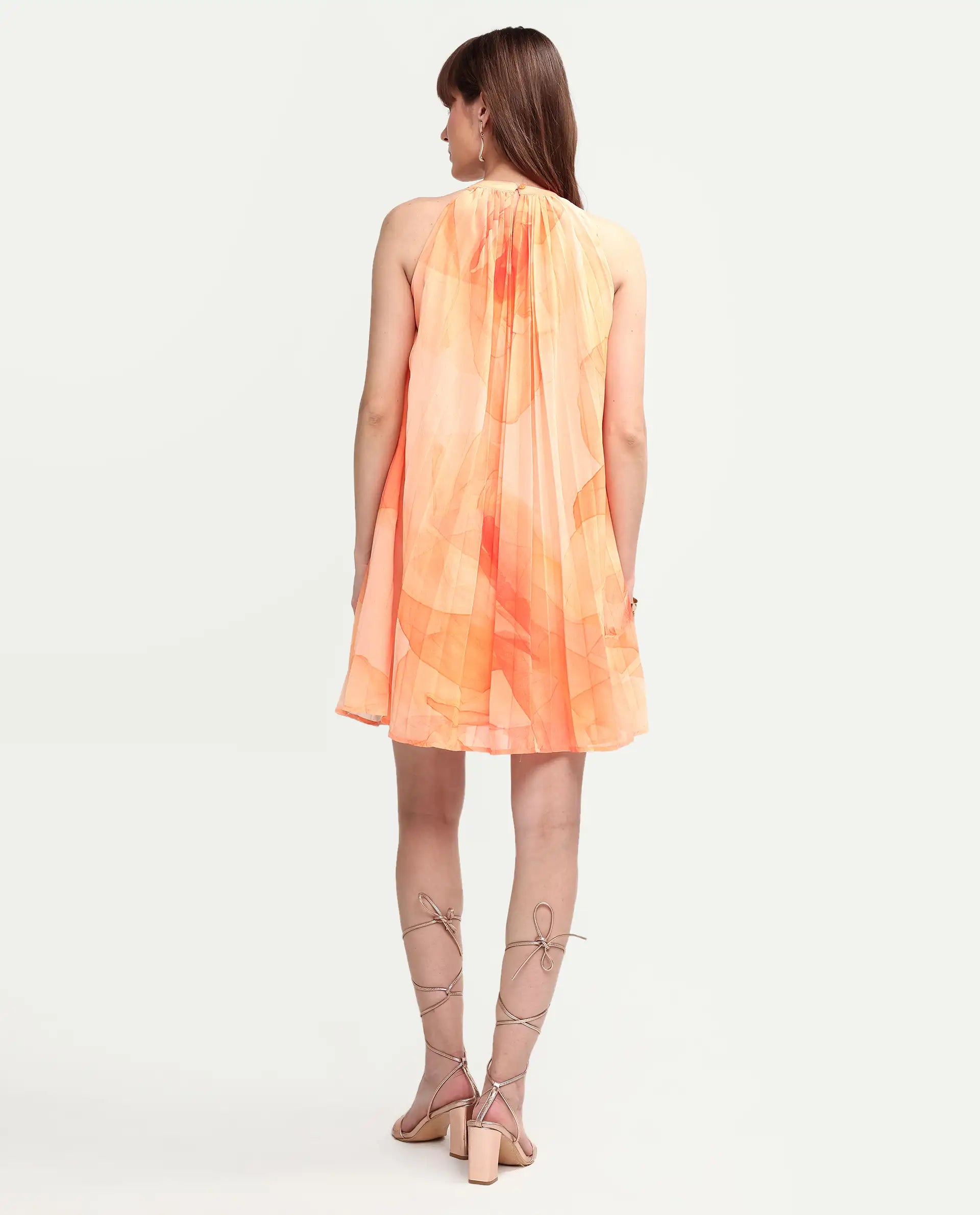 Rareism Women's Mlare Yellow Cotton Blend Sleeveless Halter Neck A-Line Floral Print Dress