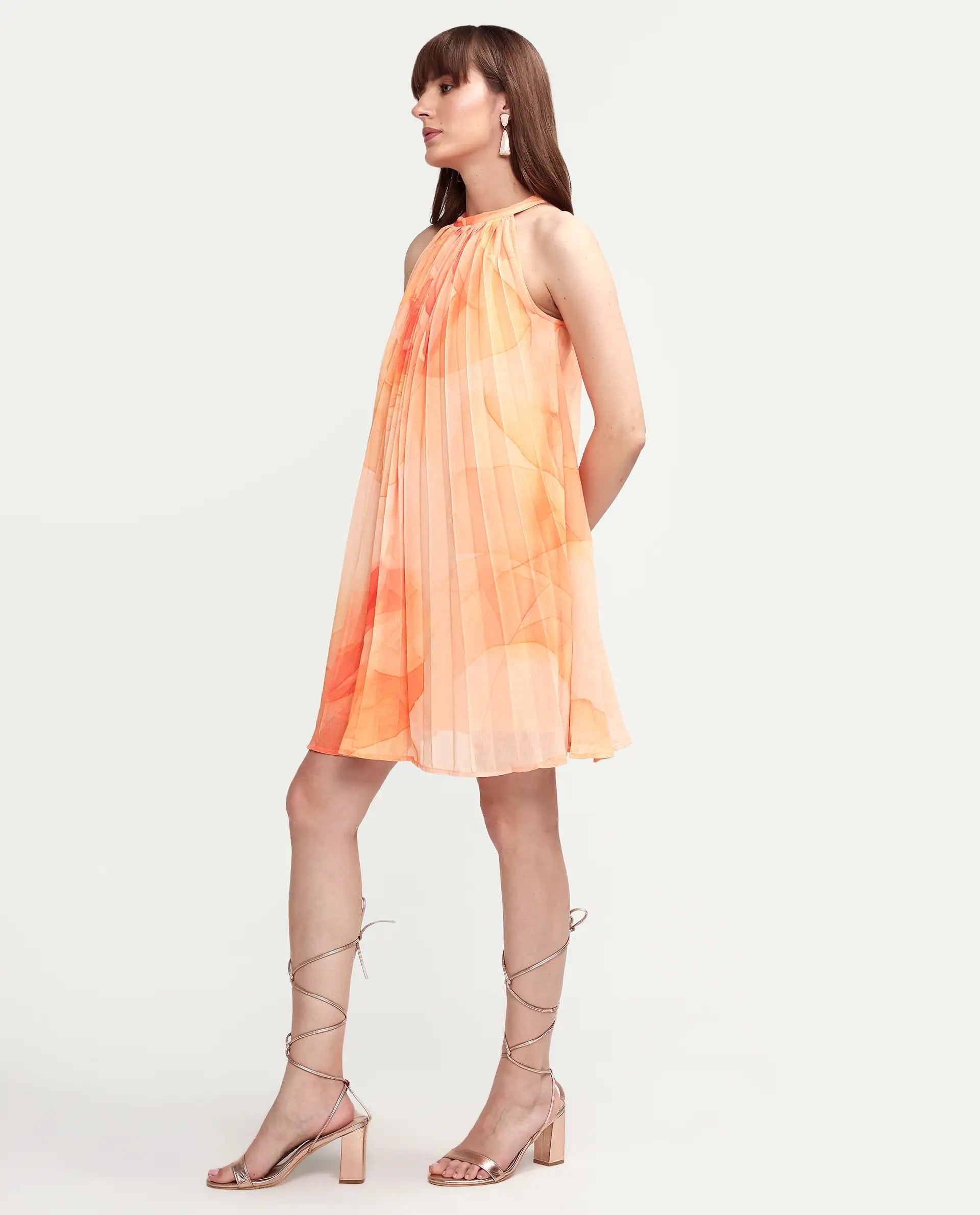 Rareism Women's Mlare Yellow Cotton Blend Sleeveless Halter Neck A-Line Floral Print Dress