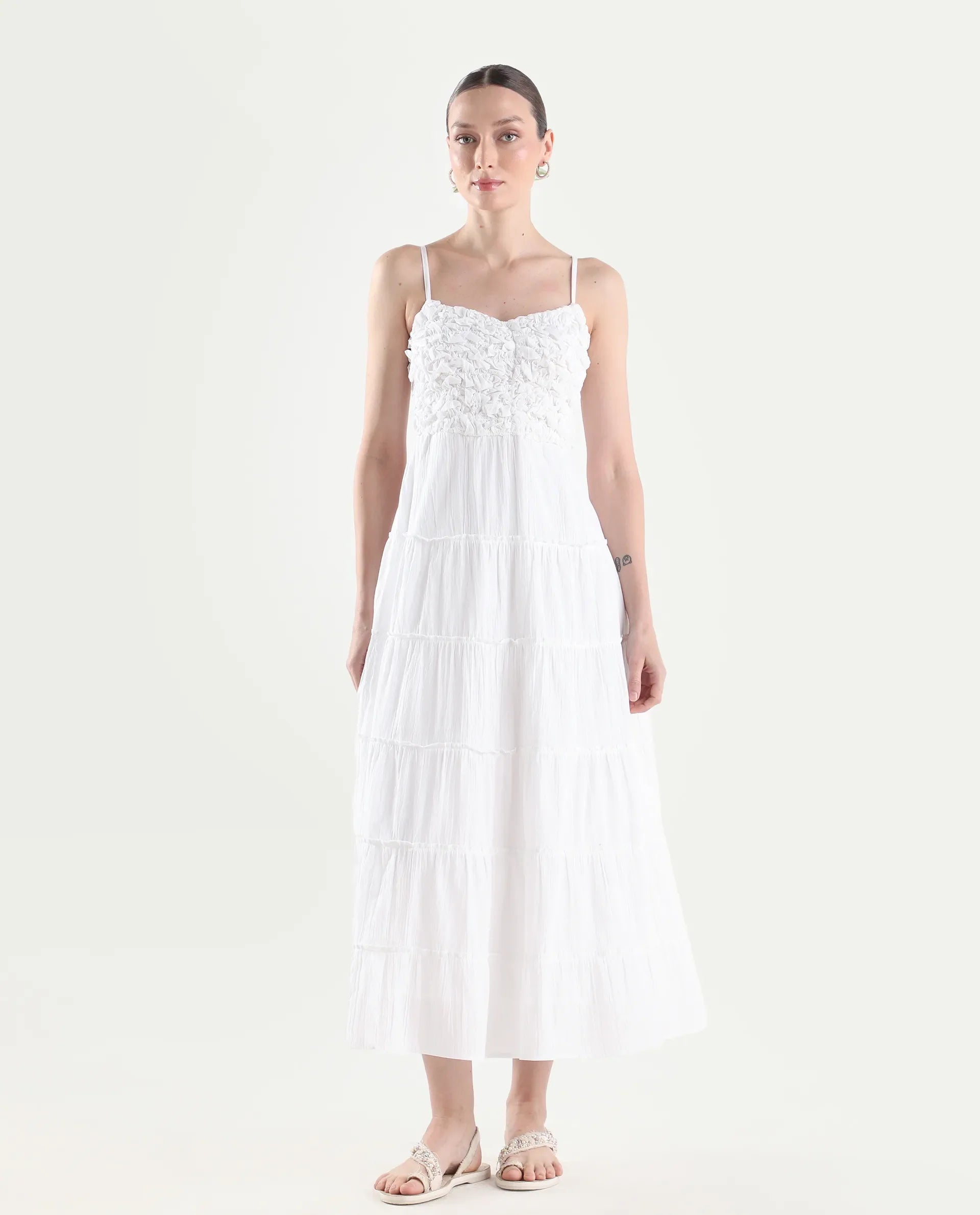Rareism Women's Moanna Off White Cotton Sleeveless Square Neck Fit And Flare Dress