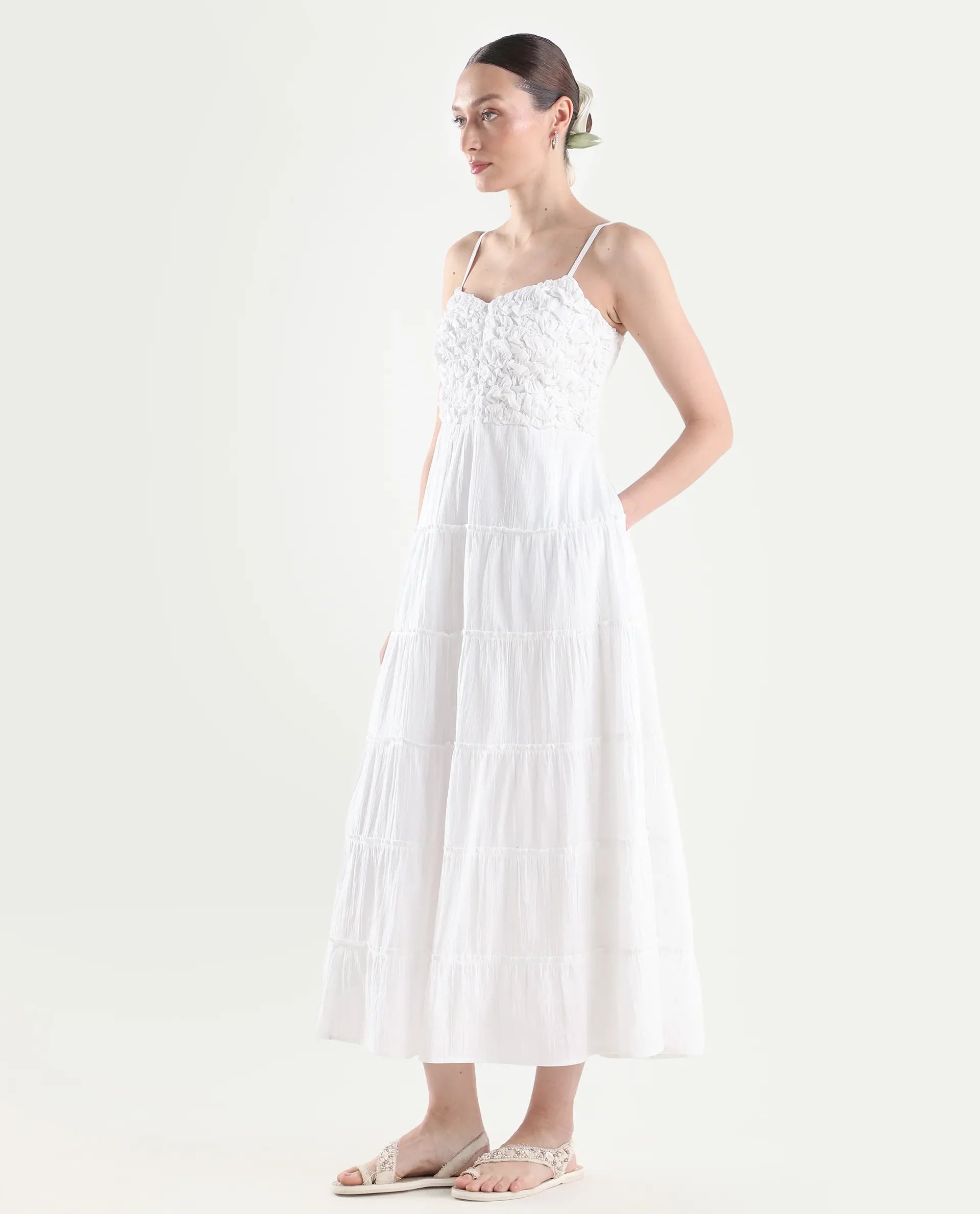 Rareism Women's Moanna Off White Cotton Sleeveless Square Neck Fit And Flare Dress