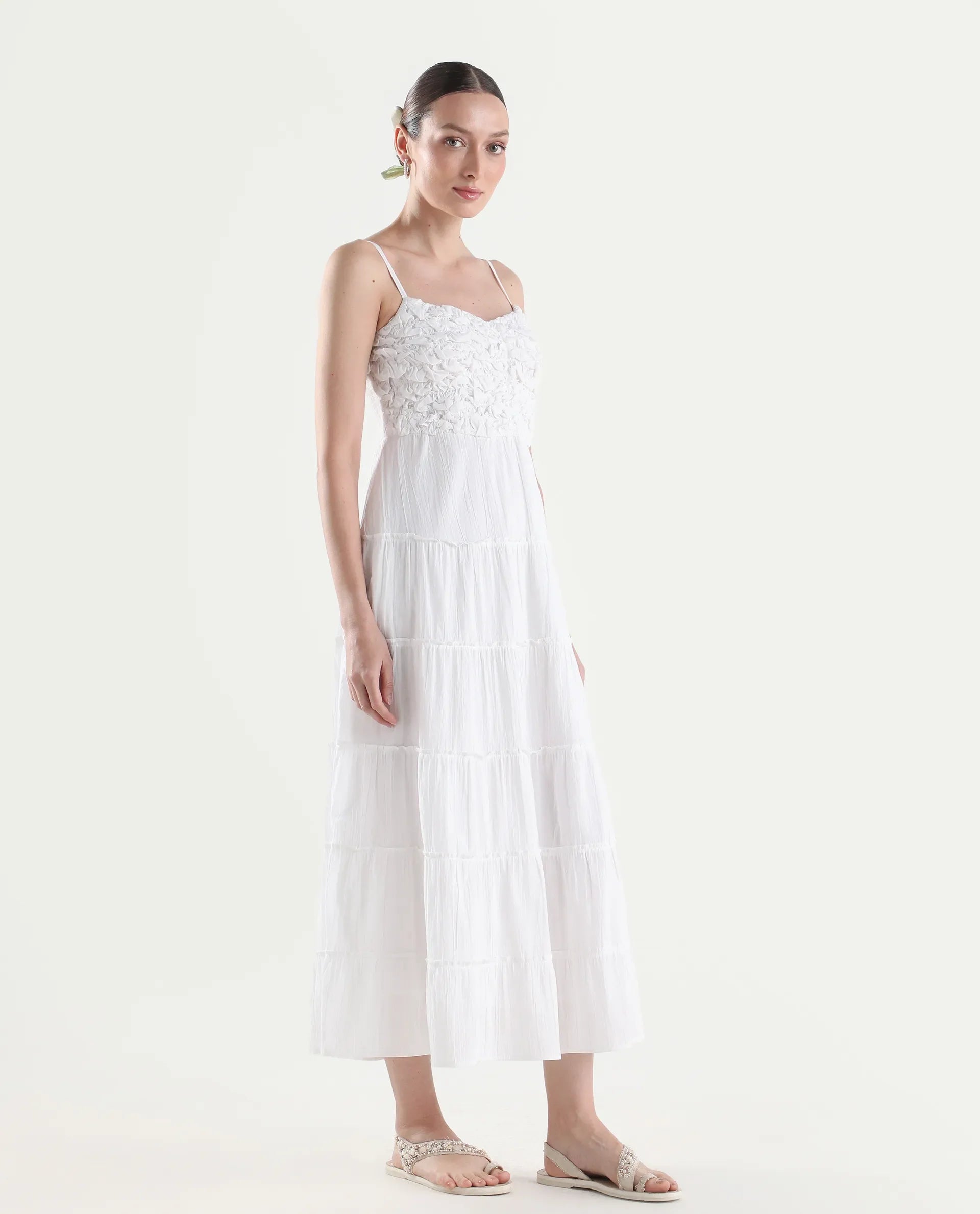 Rareism Women's Moanna Off White Cotton Sleeveless Square Neck Fit And Flare Dress