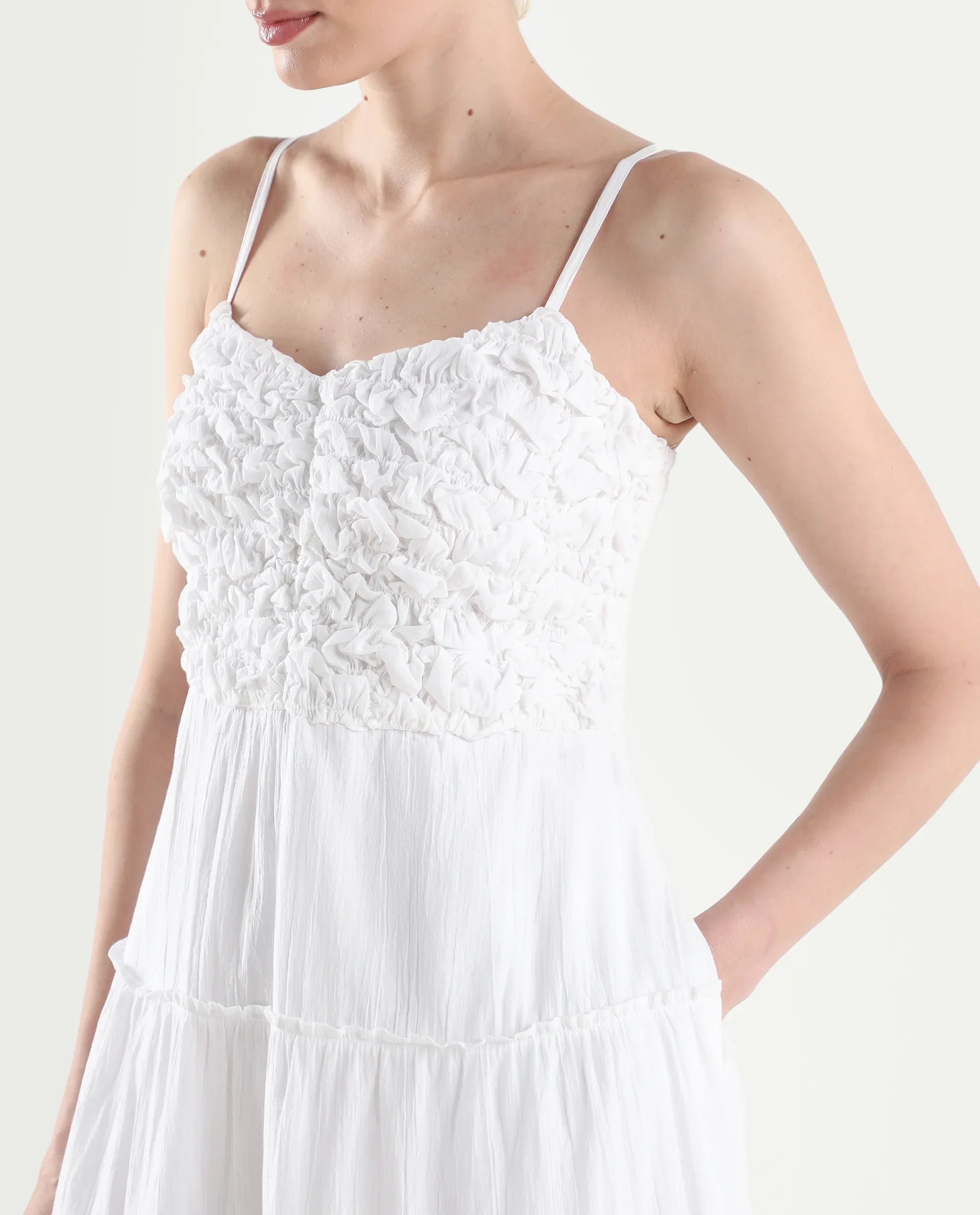 Rareism Women's Moanna Off White Cotton Sleeveless Square Neck Fit And Flare Dress