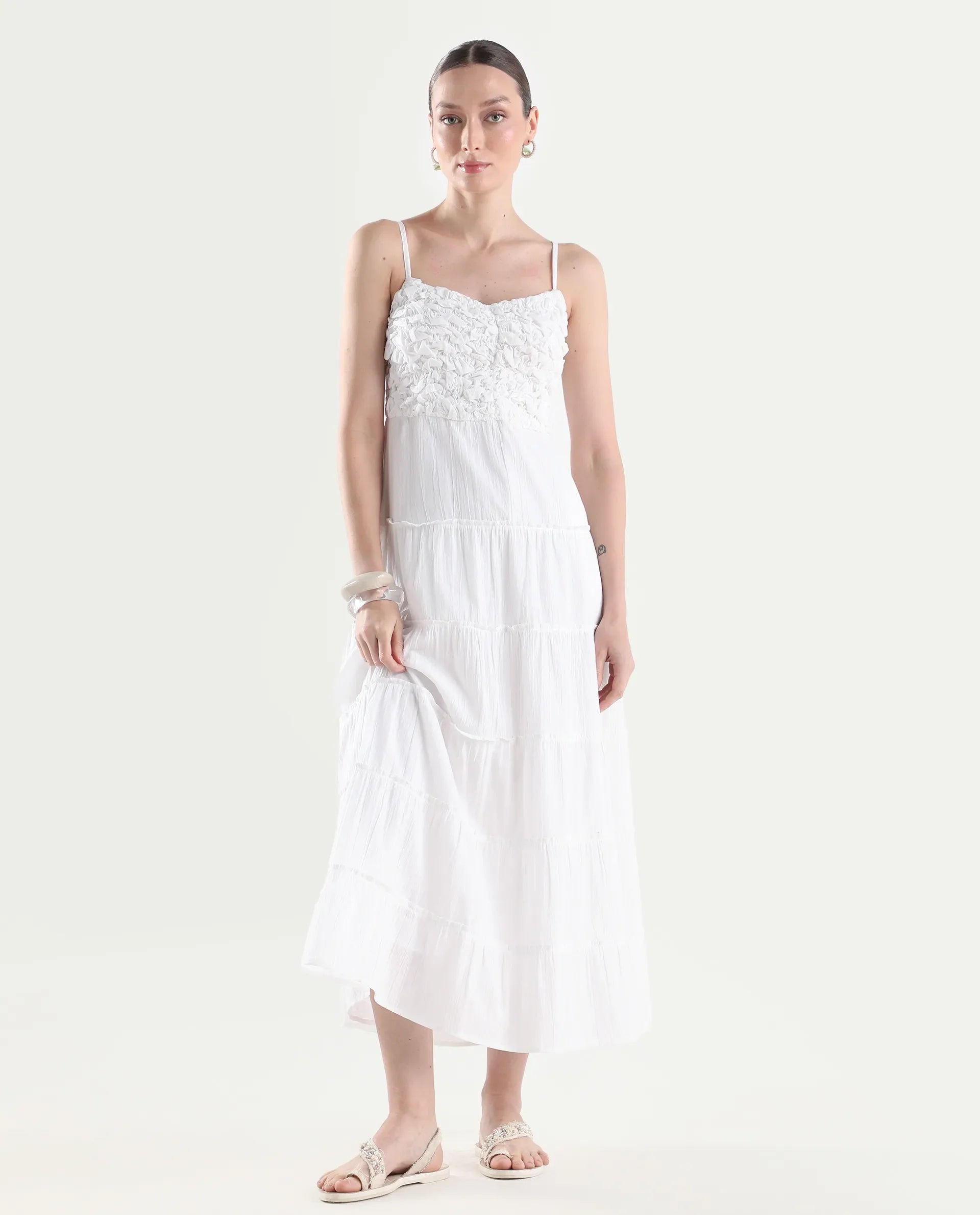 Rareism Women's Moanna Off White Cotton Sleeveless Square Neck Fit And Flare Dress