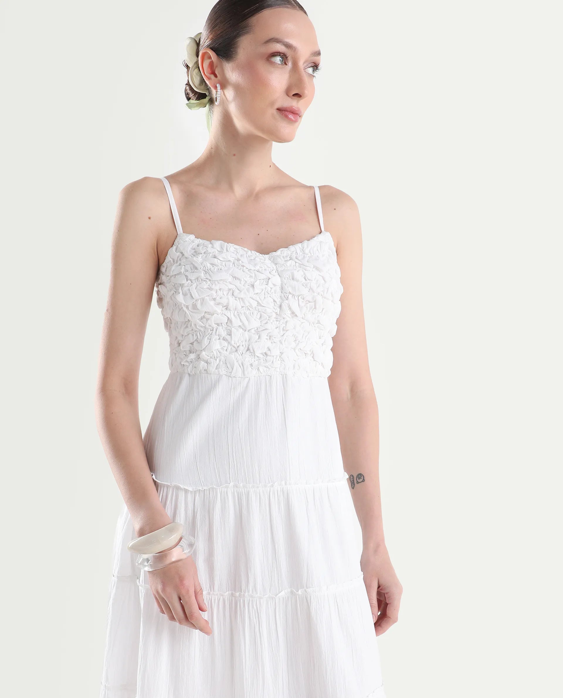Rareism Women's Moanna Off White Cotton Sleeveless Square Neck Fit And Flare Dress