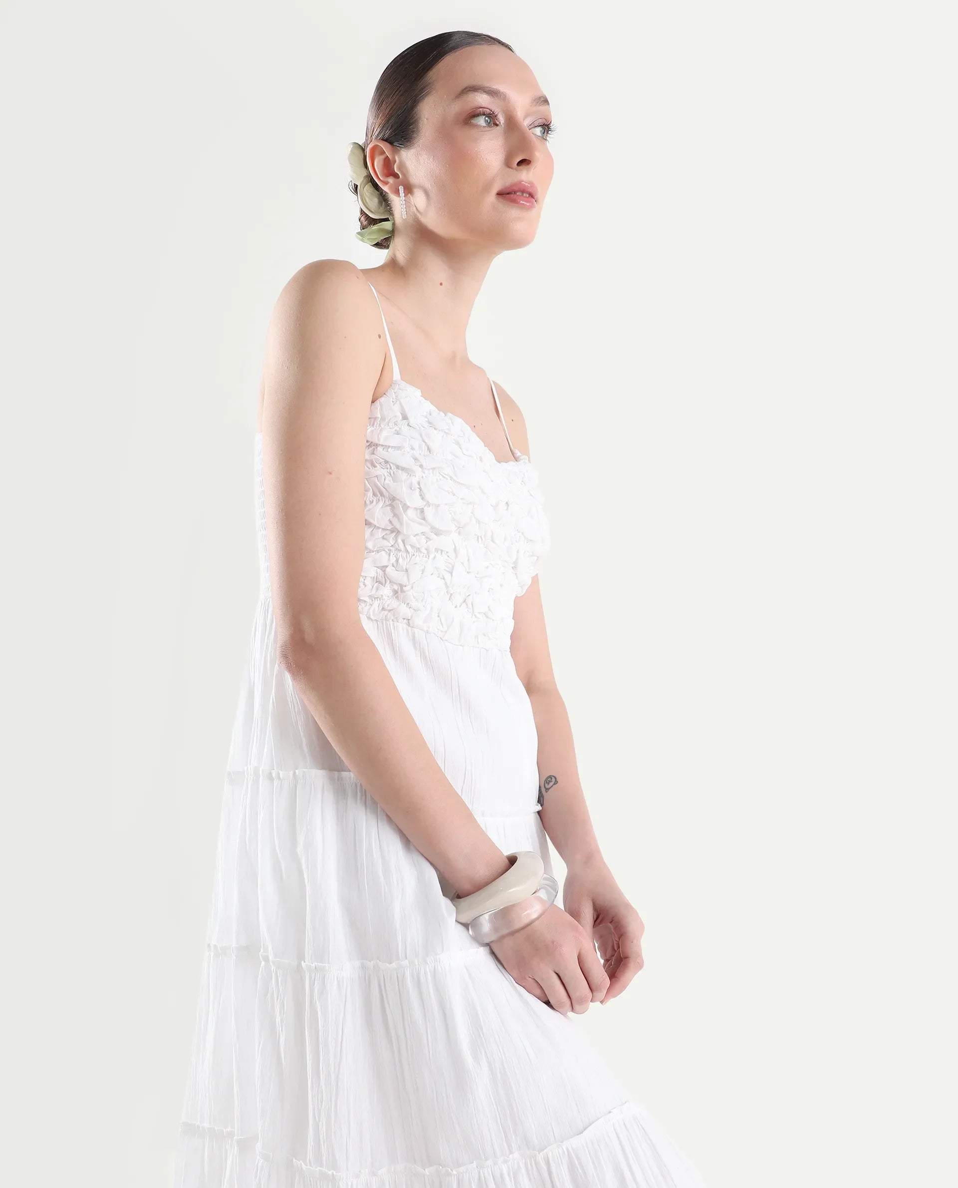 Rareism Women's Moanna Off White Cotton Sleeveless Square Neck Fit And Flare Dress