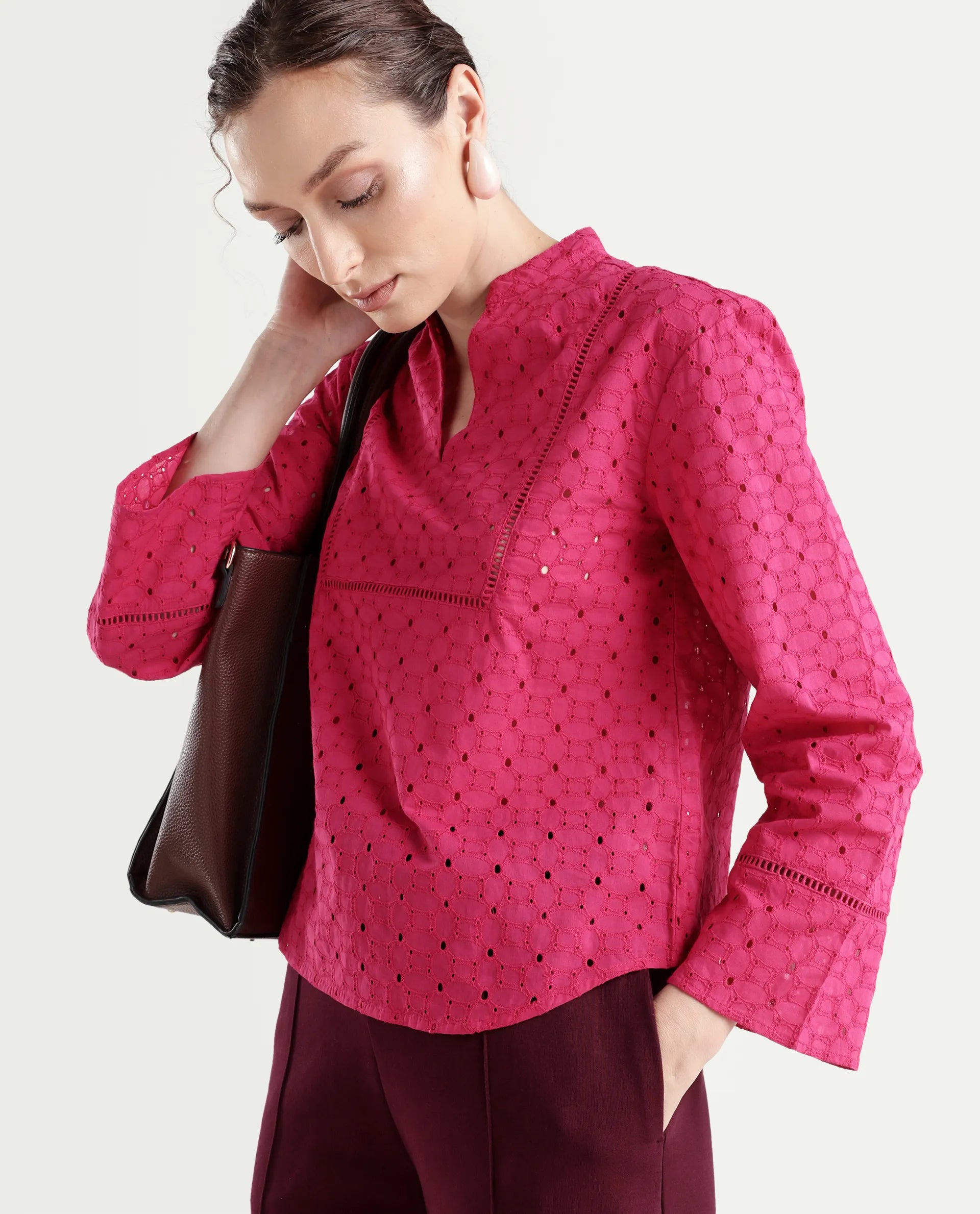 Rareism Women's Monet Pink Cotton Full Sleeve Mandarin Collar Regular Schiffli Top