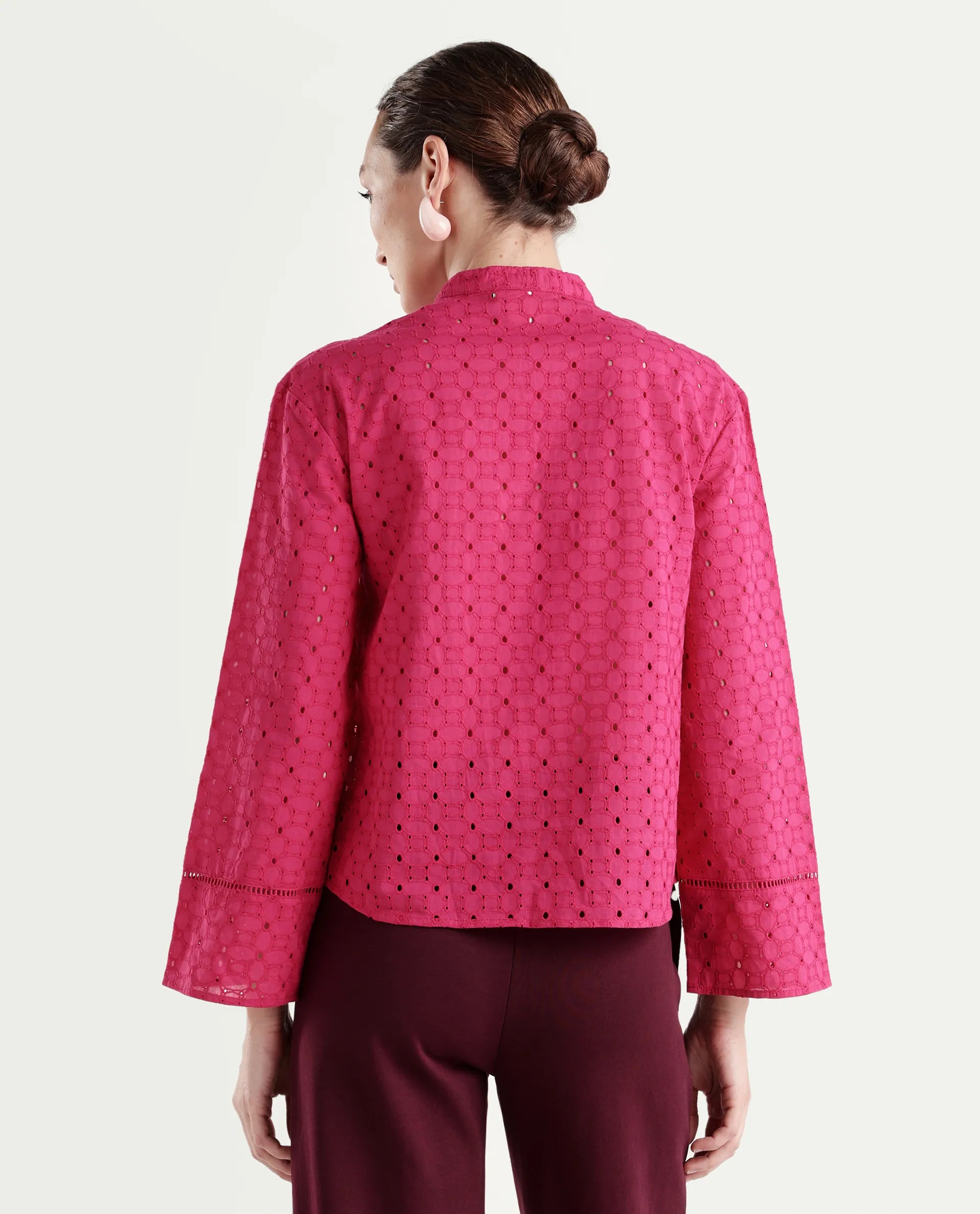 Rareism Women's Monet Pink Cotton Blend Full Sleeve Mandarin Collar Regular Schiffli Top