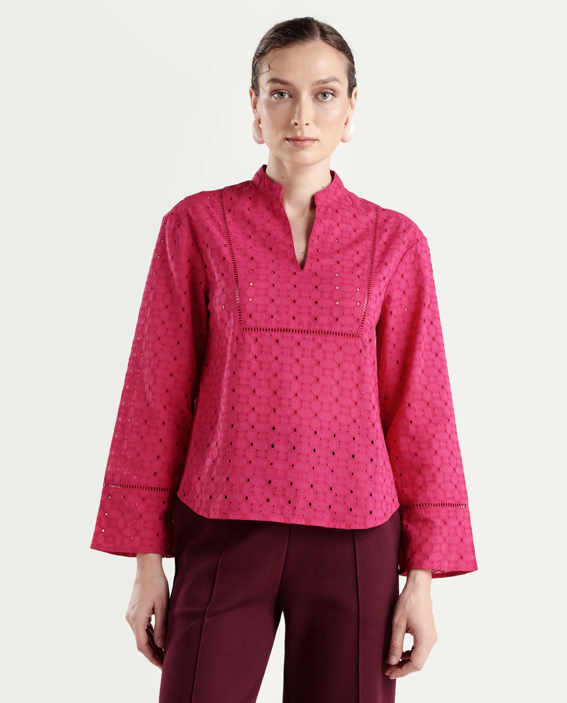 Rareism Women's Monet Pink Cotton Full Sleeve Mandarin Collar Regular Schiffli Top