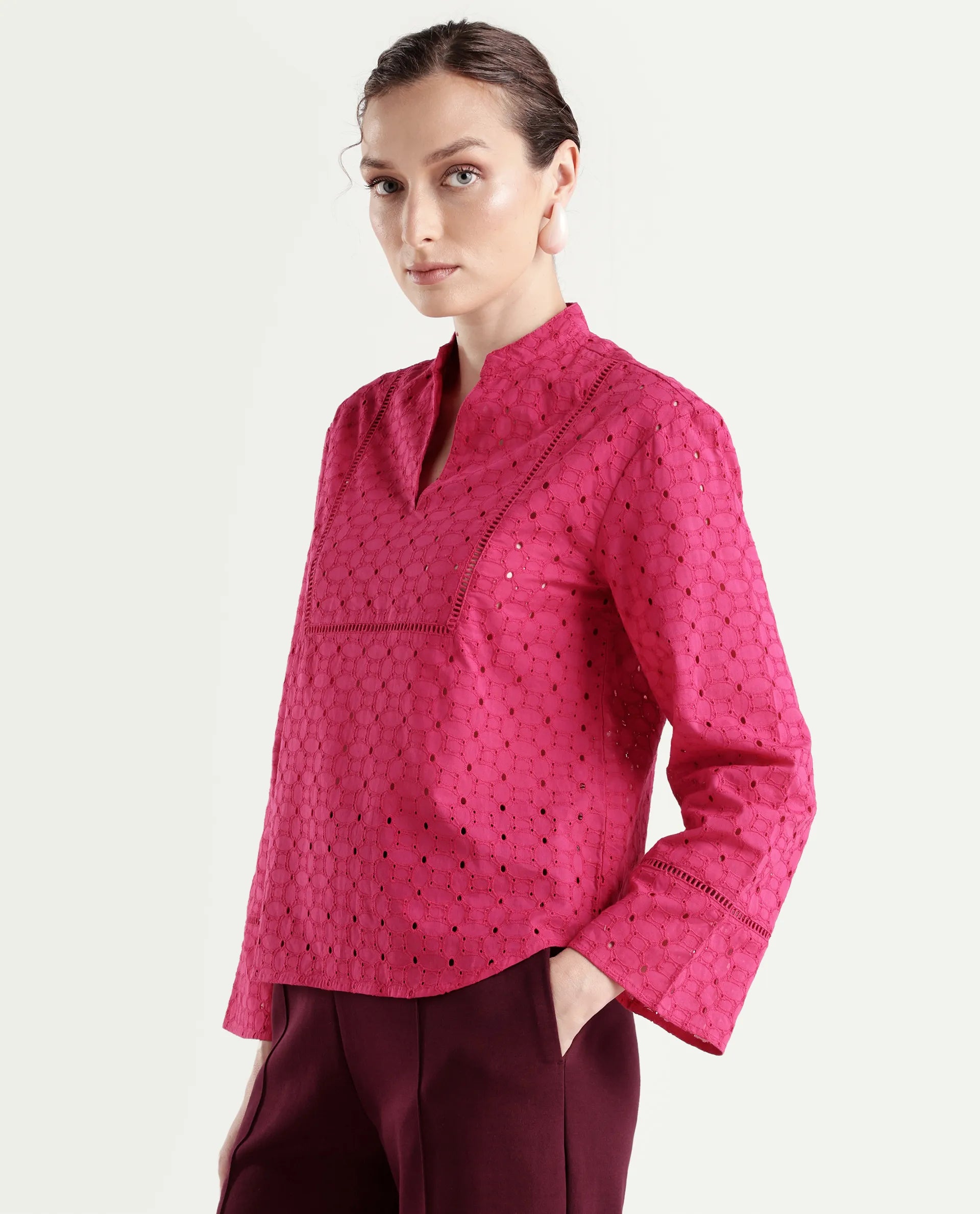 Rareism Women's Monet Pink Cotton Full Sleeve Mandarin Collar Regular Schiffli Top