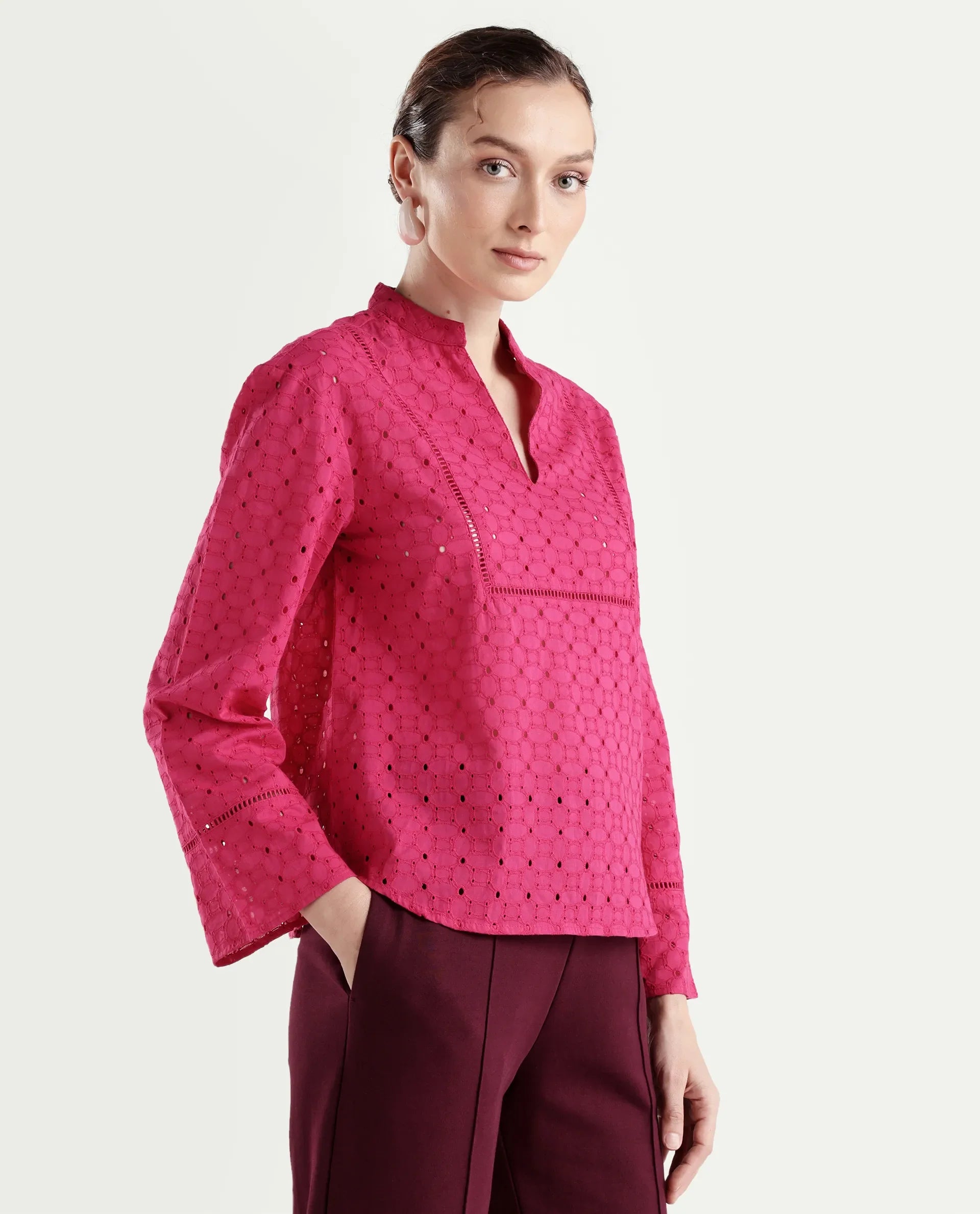 Rareism Women's Monet Pink Cotton Full Sleeve Mandarin Collar Regular Schiffli Top
