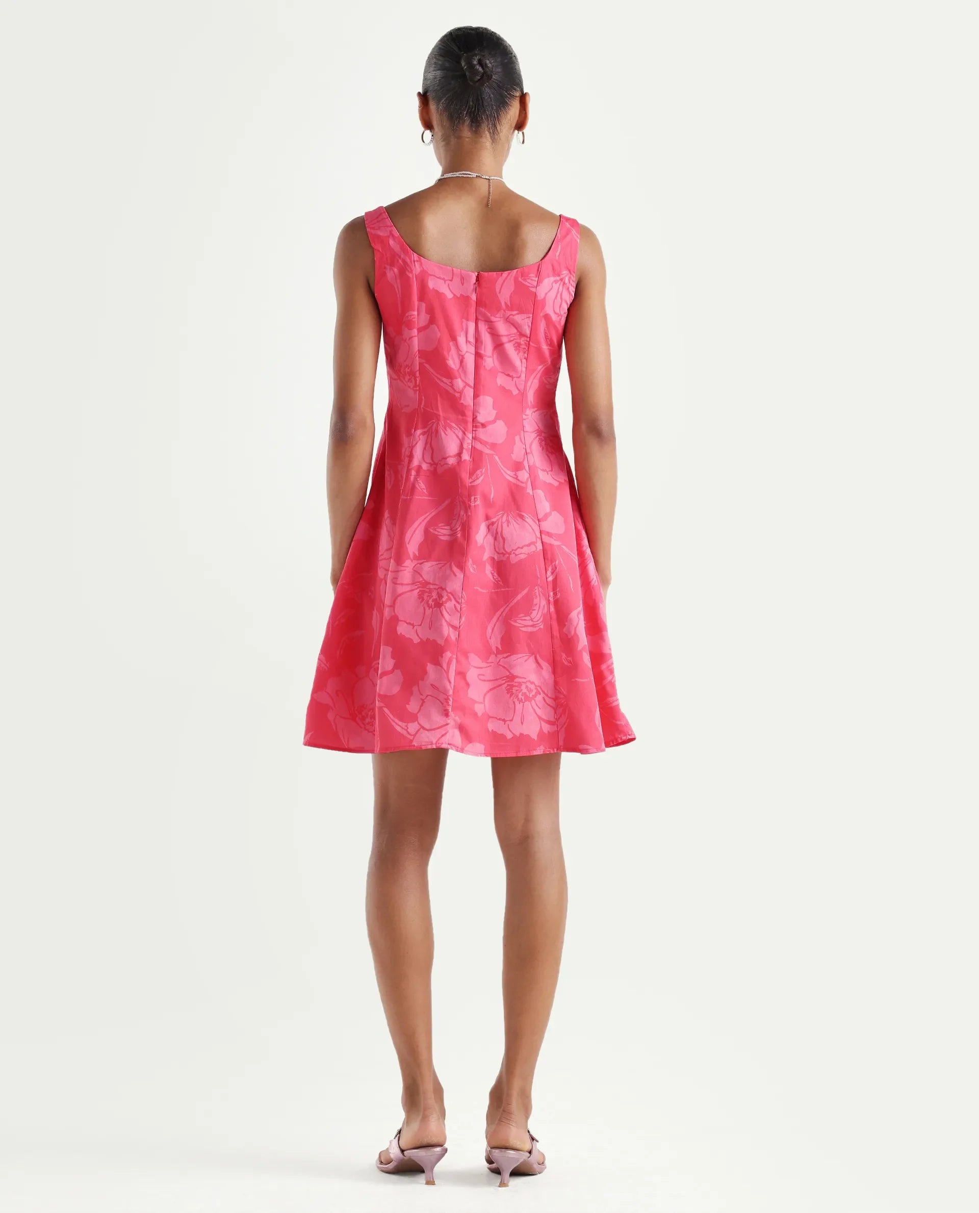 Rareism Women's Mopa Pink Cotton Sleeveless Boat Neck Fit And Flare Floral Print Dress
