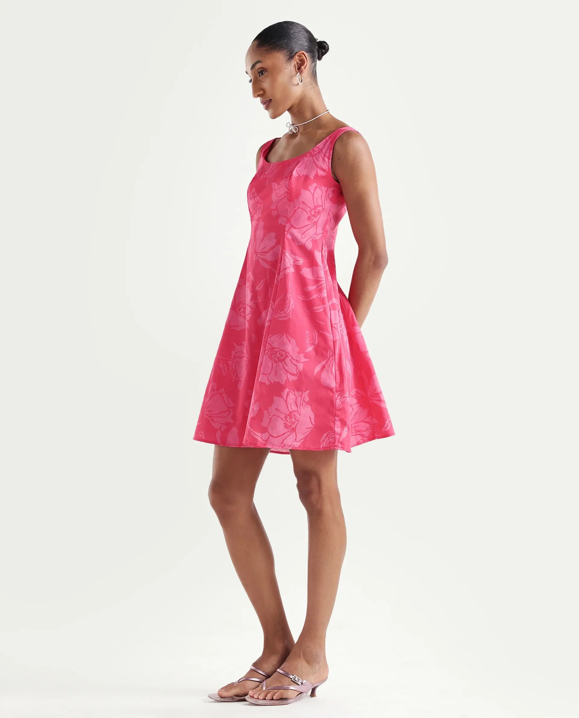 Rareism Women's Mopa Pink Cotton Sleeveless Boat Neck Fit And Flare Floral Print Dress