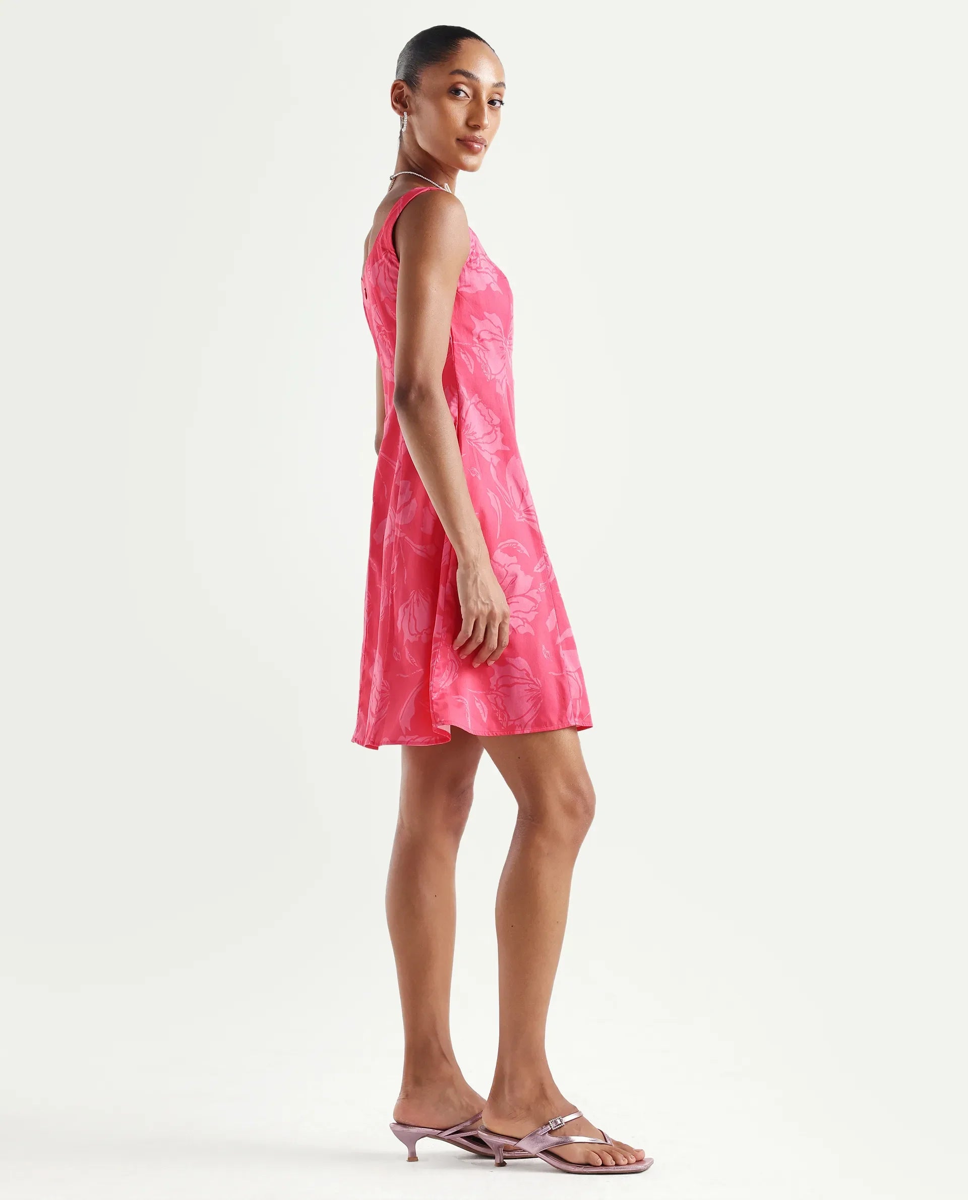 Rareism Women's Mopa Pink Cotton Sleeveless Boat Neck Fit And Flare Floral Print Dress