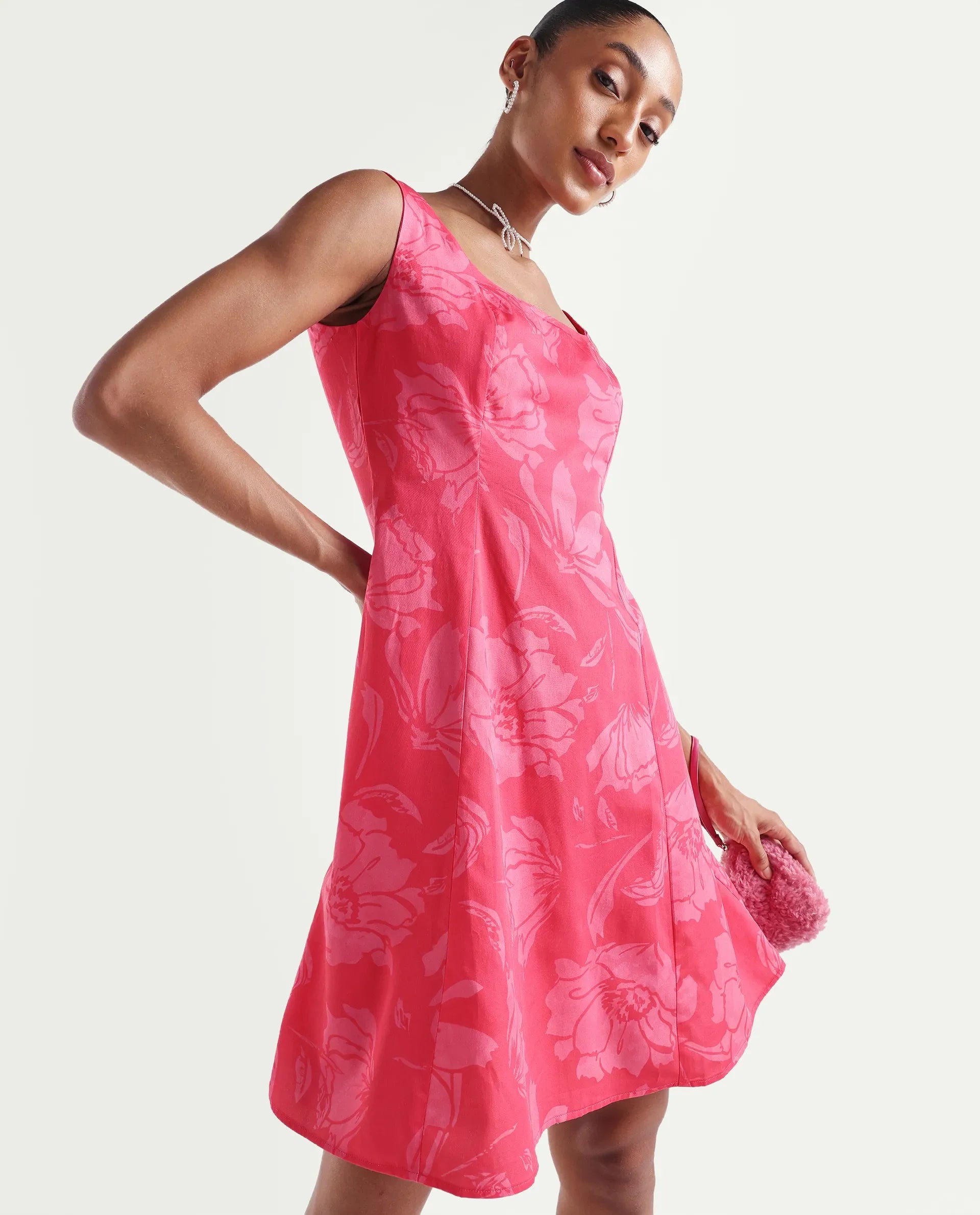 Rareism Women's Mopa Pink Cotton Sleeveless Boat Neck Fit And Flare Floral Print Dress