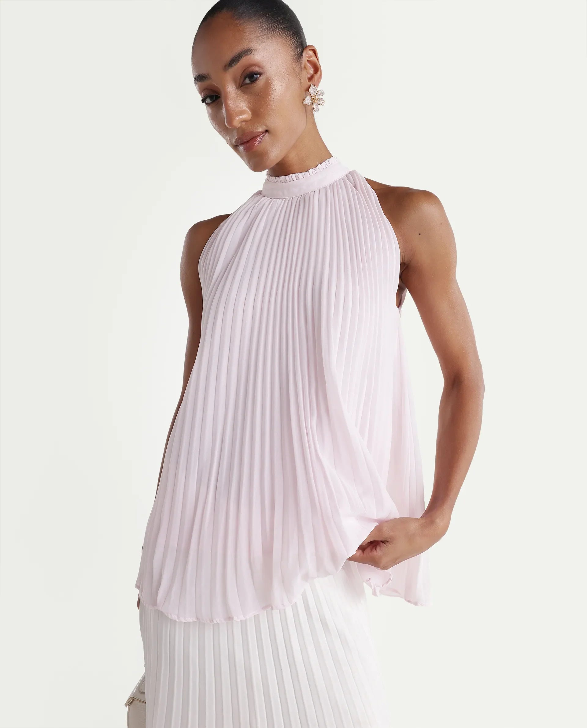 Rareism Women's Moxy Light Pink Polyester Sleeveless Halter Neck Regular Top