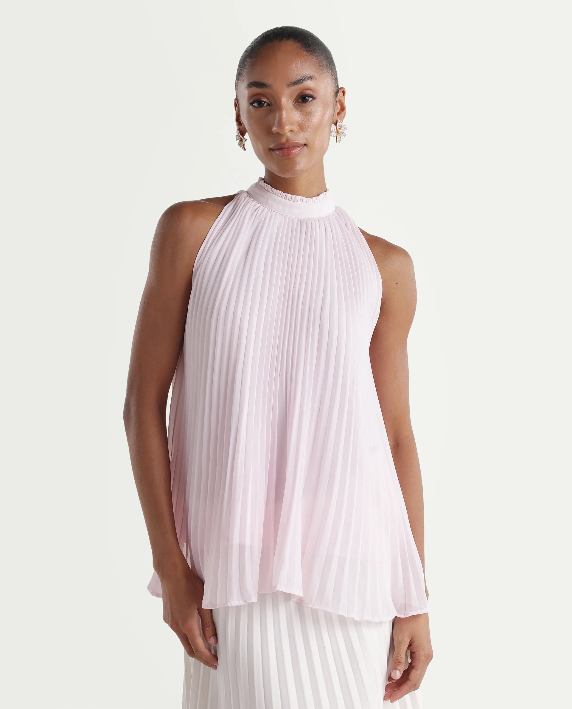 Rareism Women's Moxy Light Pink Polyester Sleeveless Halter Neck Regular Top