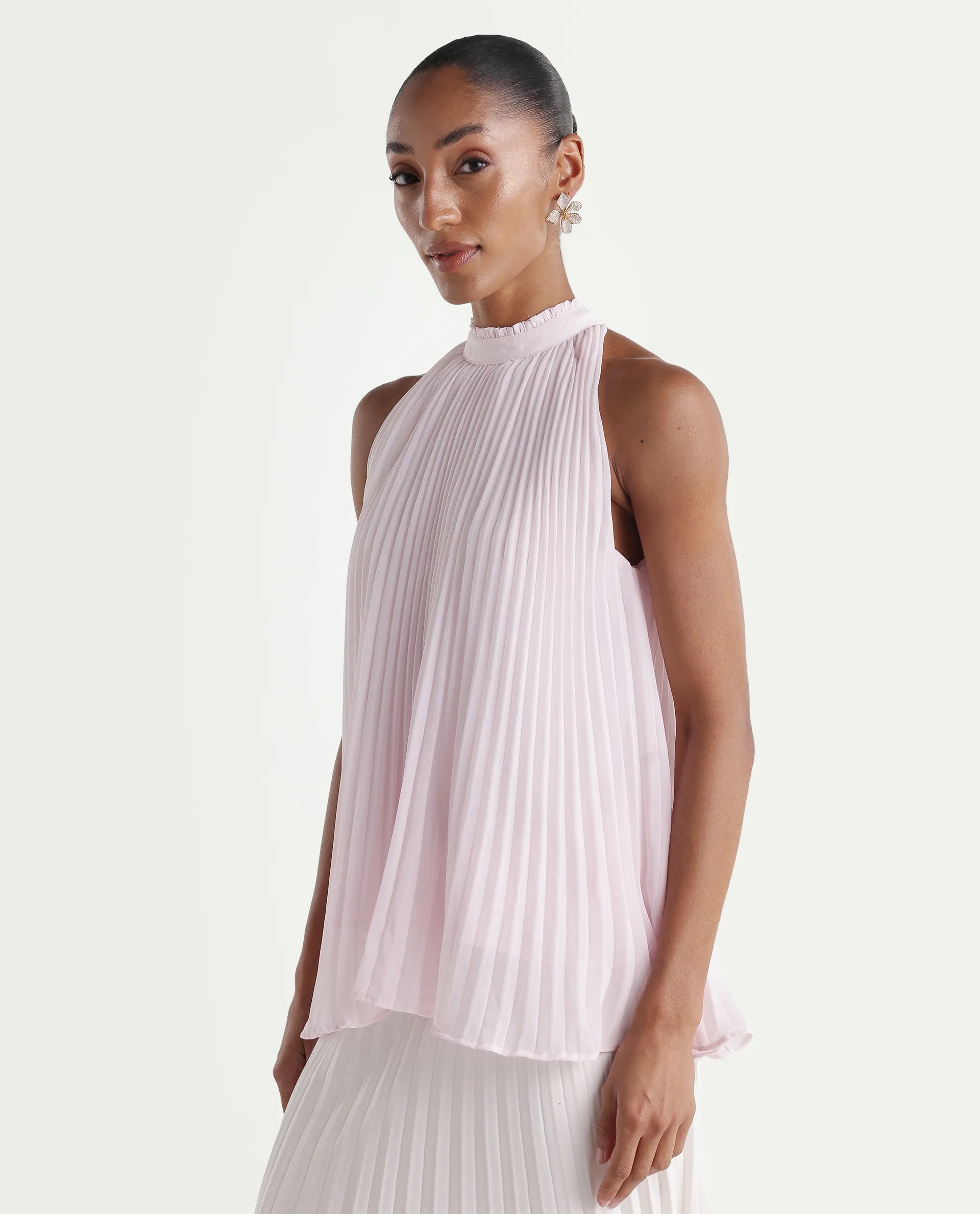 Rareism Women's Moxy Light Pink Polyester Sleeveless Halter Neck Regular Top