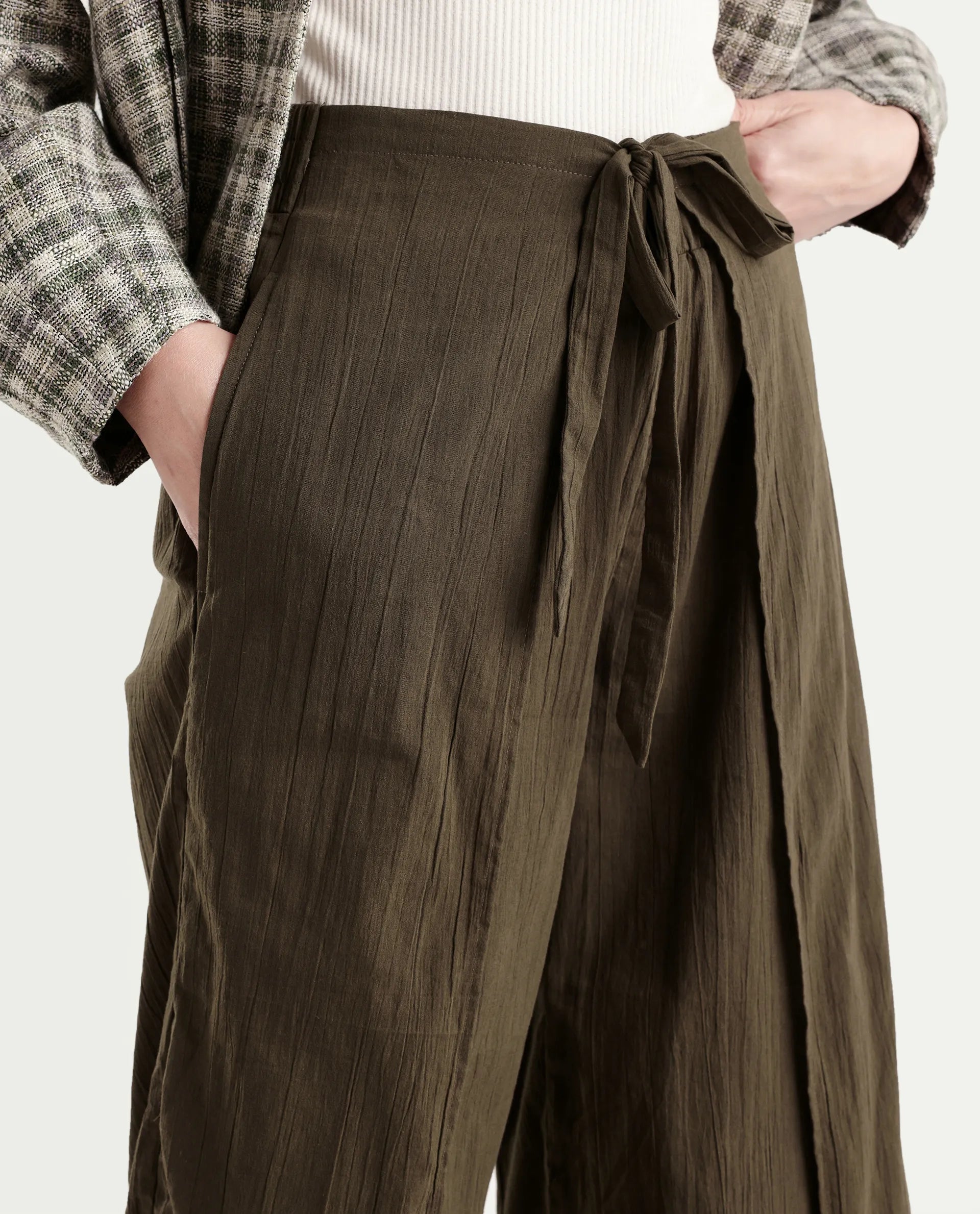 Rareism Women's Ronuzy Olive Cotton Wrap Plain Trouser