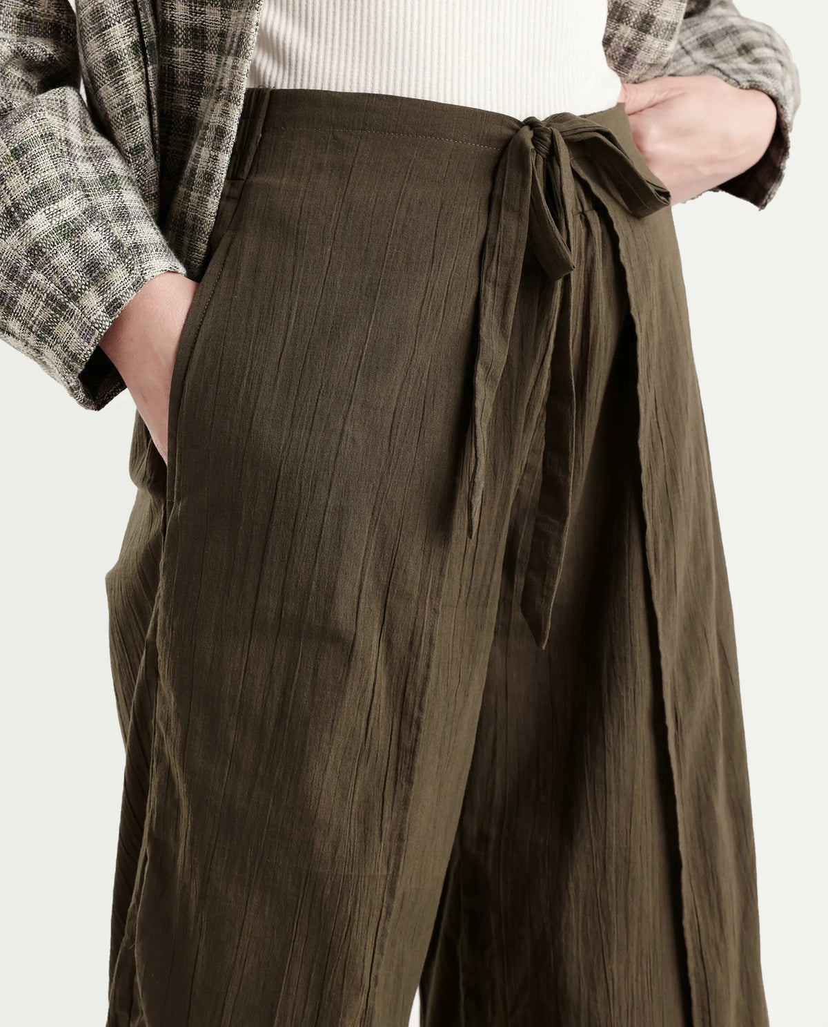Rareism Women's Ronuzy Olive Cotton Wrap Plain Trouser