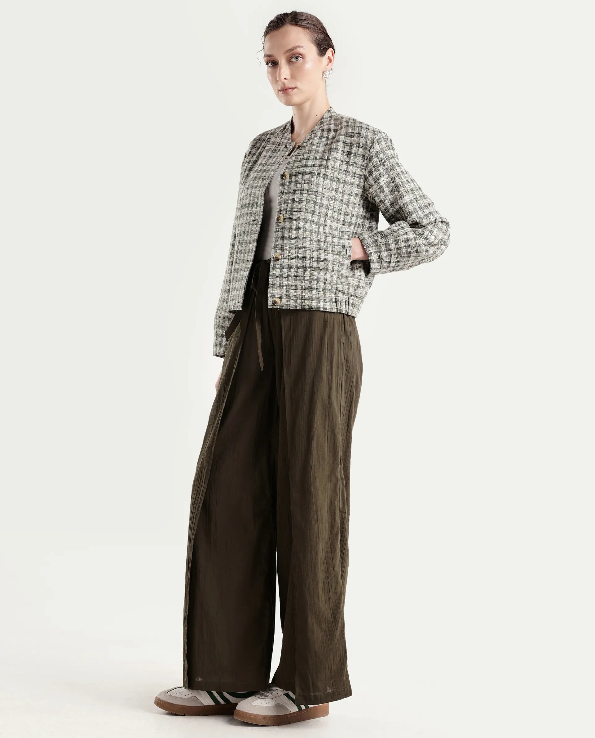 Rareism Women's Ronuzy Olive Cotton Wrap Plain Trouser