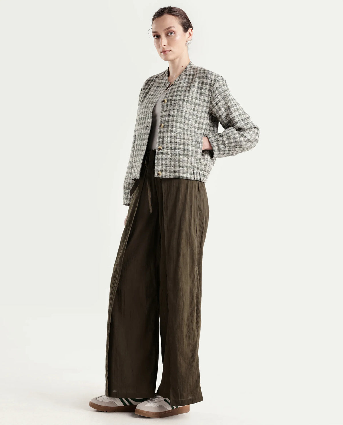 Rareism Women's Ronuzy Olive Cotton Wrap Plain Trouser