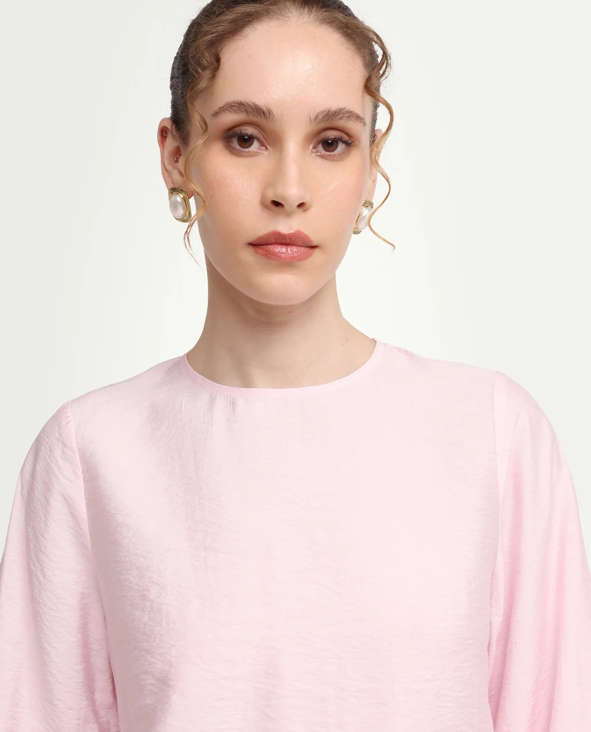 Rareism Women's Vaeli Light Pink Viscose Blend Full Sleeve Crew Neck Relaxed Top