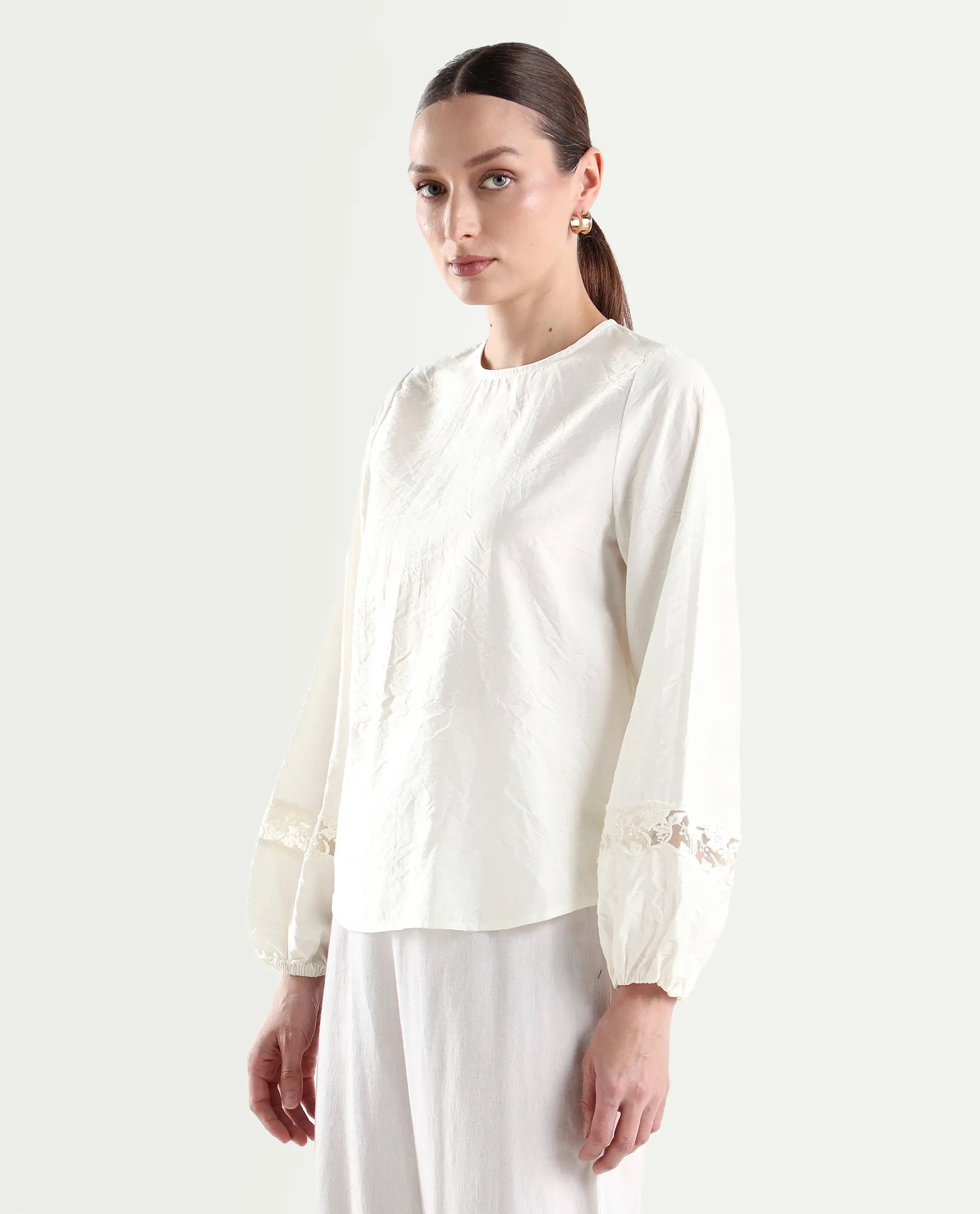 Rareism Women's Vaeli Off White Viscose Blend Full Sleeve Relaxed Fit Plain Top