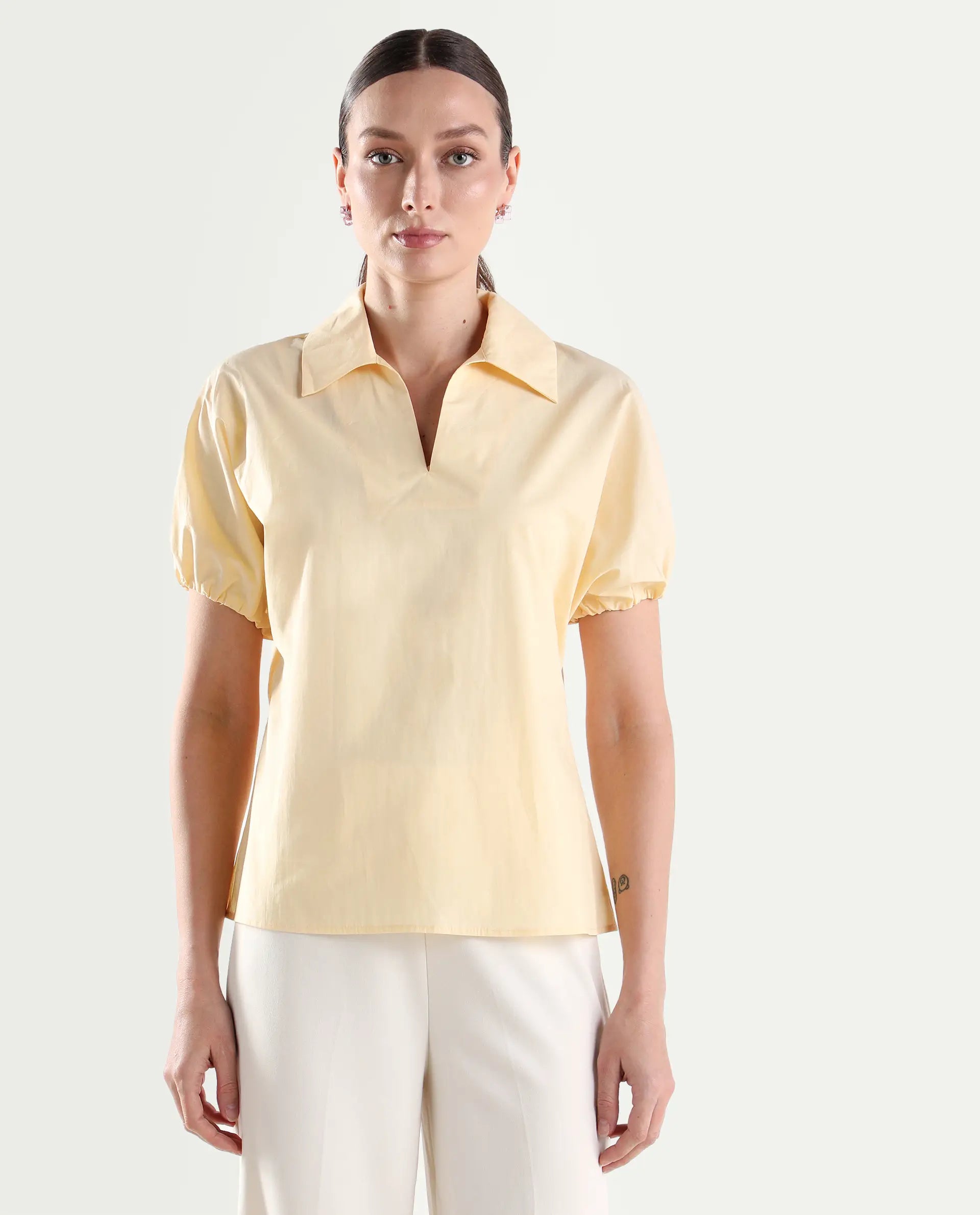 Rareism Women's Valet Yellow Cotton Half Sleeve Jonny Collar Regular Top