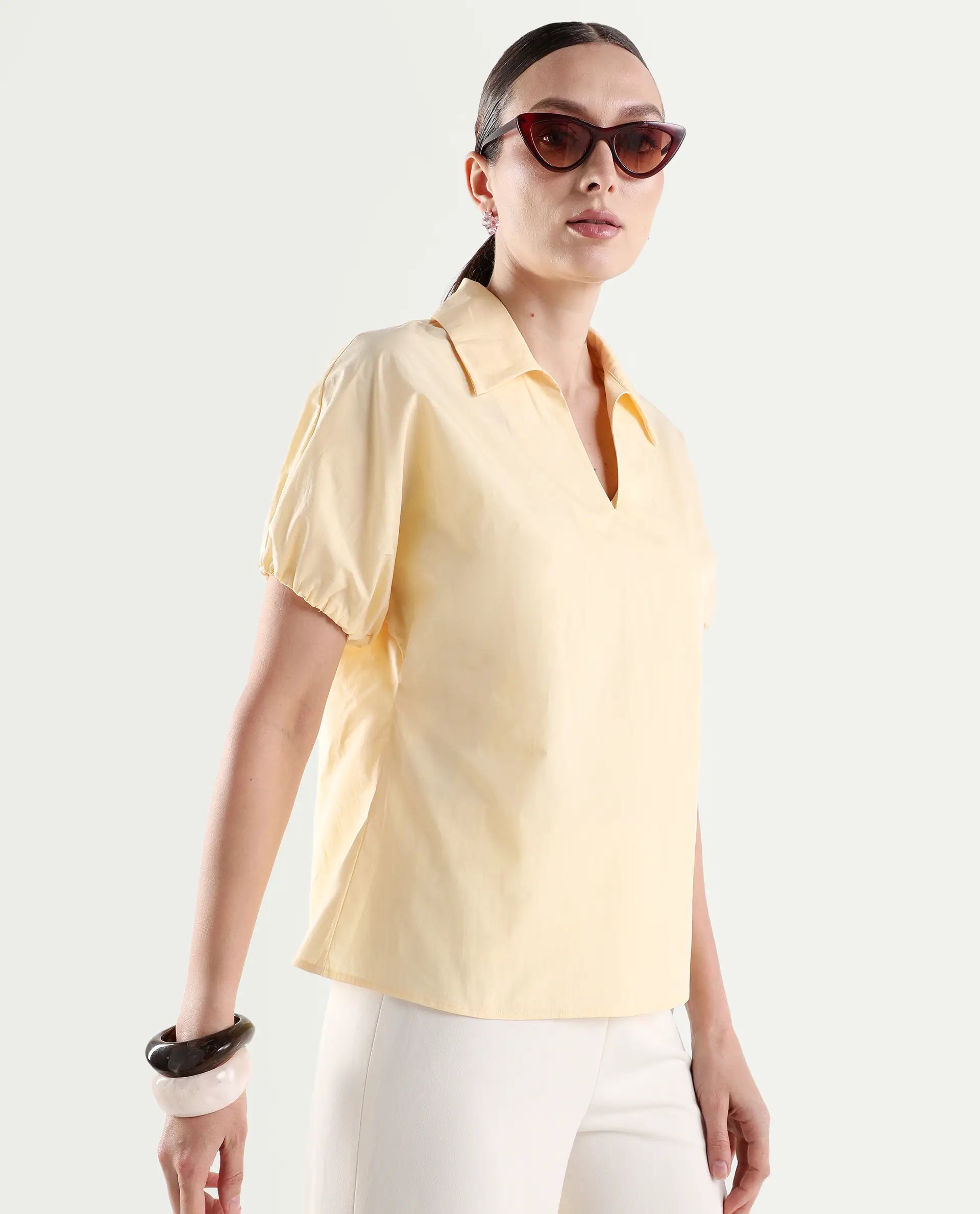 Rareism Women's Valet Yellow Cotton Half Sleeve Jonny Collar Regular Top
