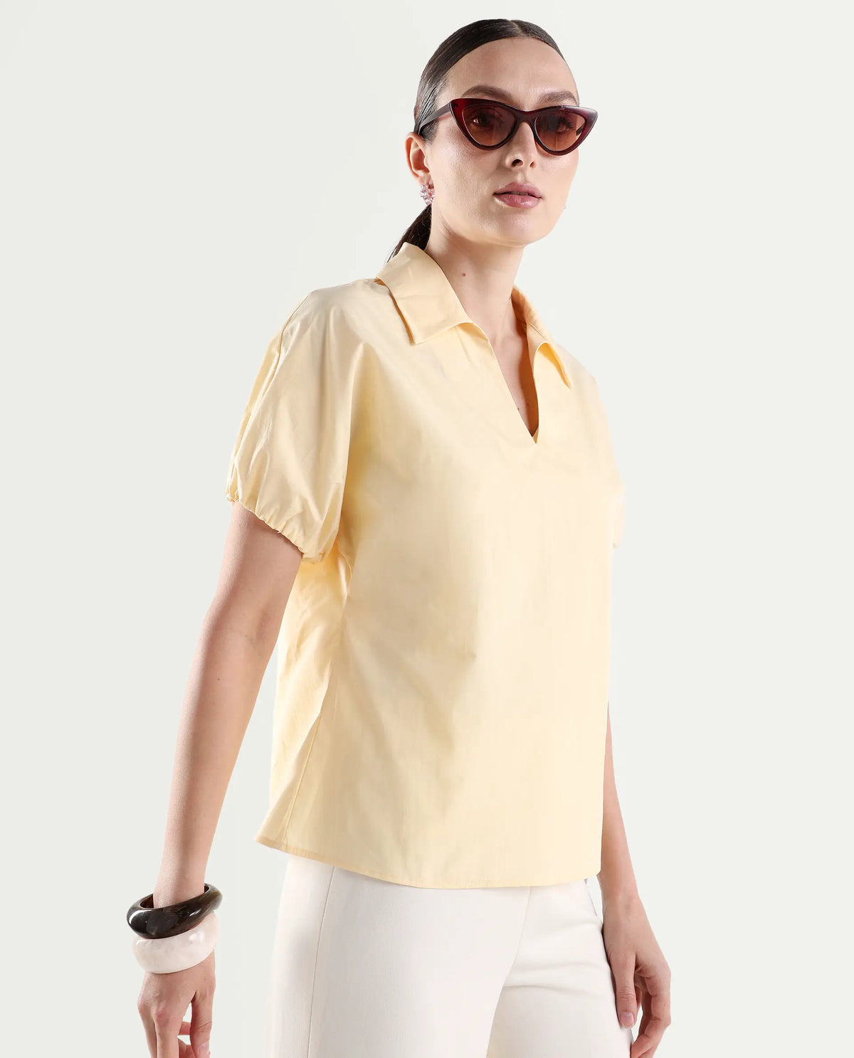 Rareism Women's Valet Yellow Cotton Half Sleeve Jonny Collar Regular Top