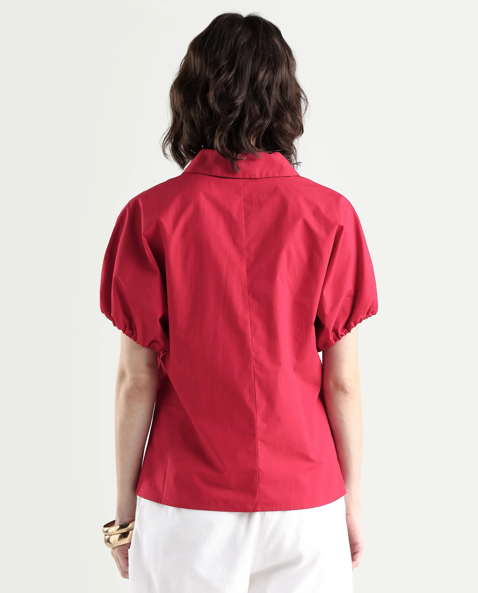 Rareism Women's Valet Red Cotton Half Sleeve Regular Fit Plain Top