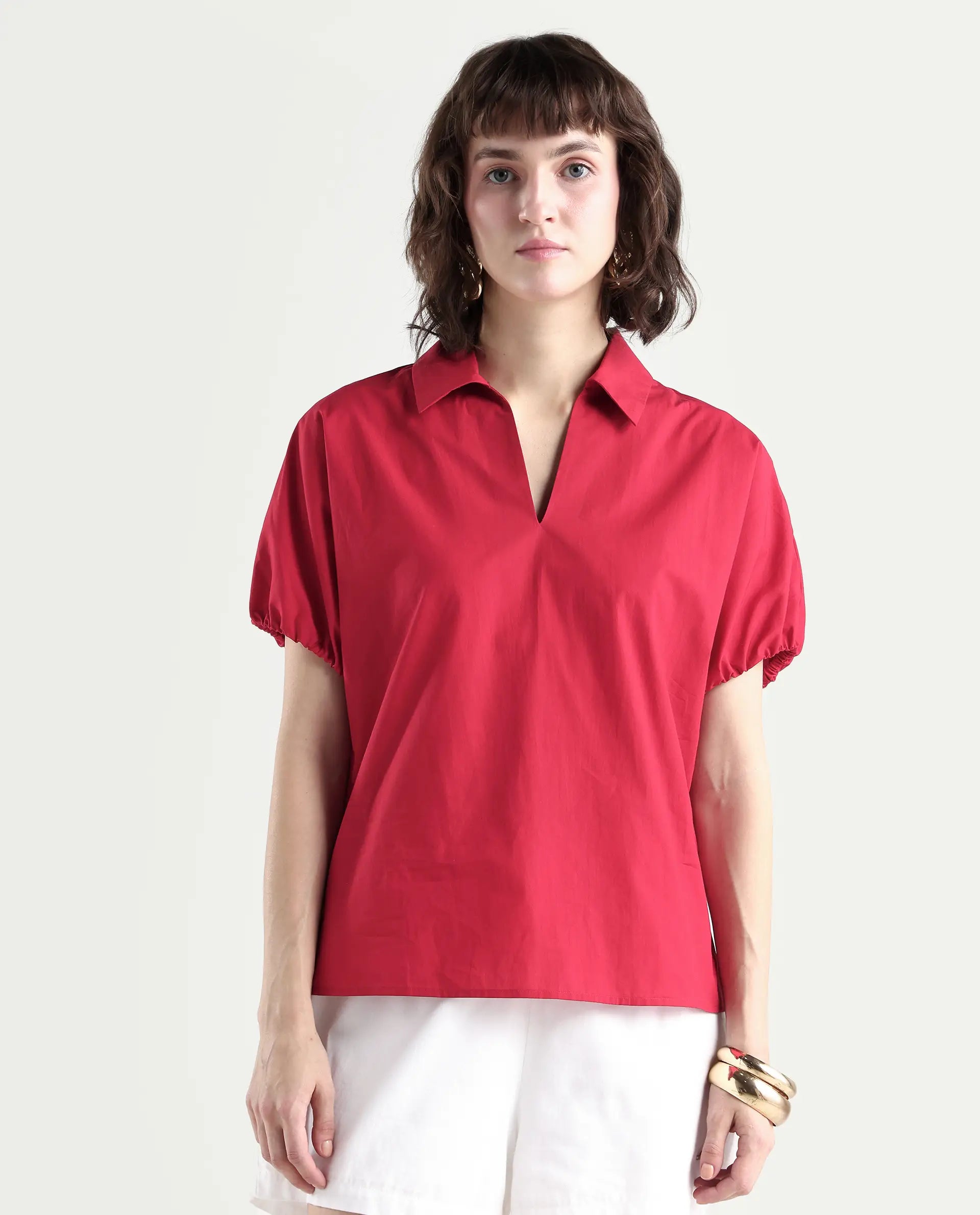 Rareism Women's Valet Red Cotton Half Sleeve Regular Fit Plain Top
