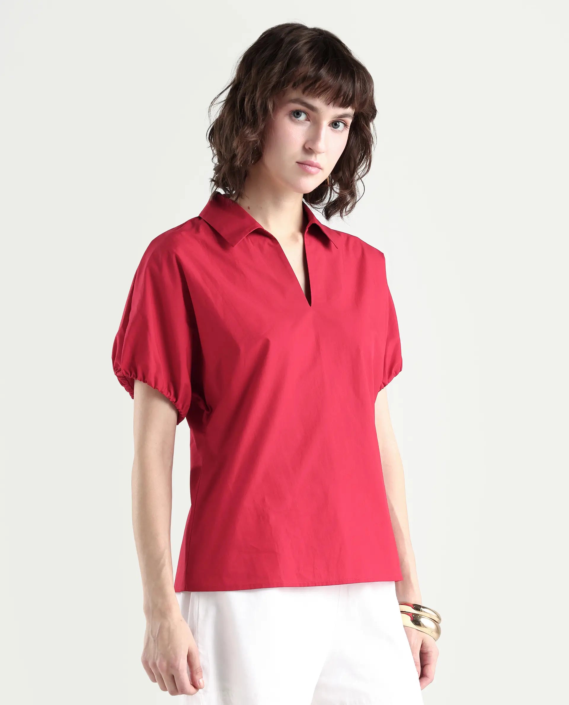 Rareism Women's Valet Red Cotton Half Sleeve Regular Fit Plain Top