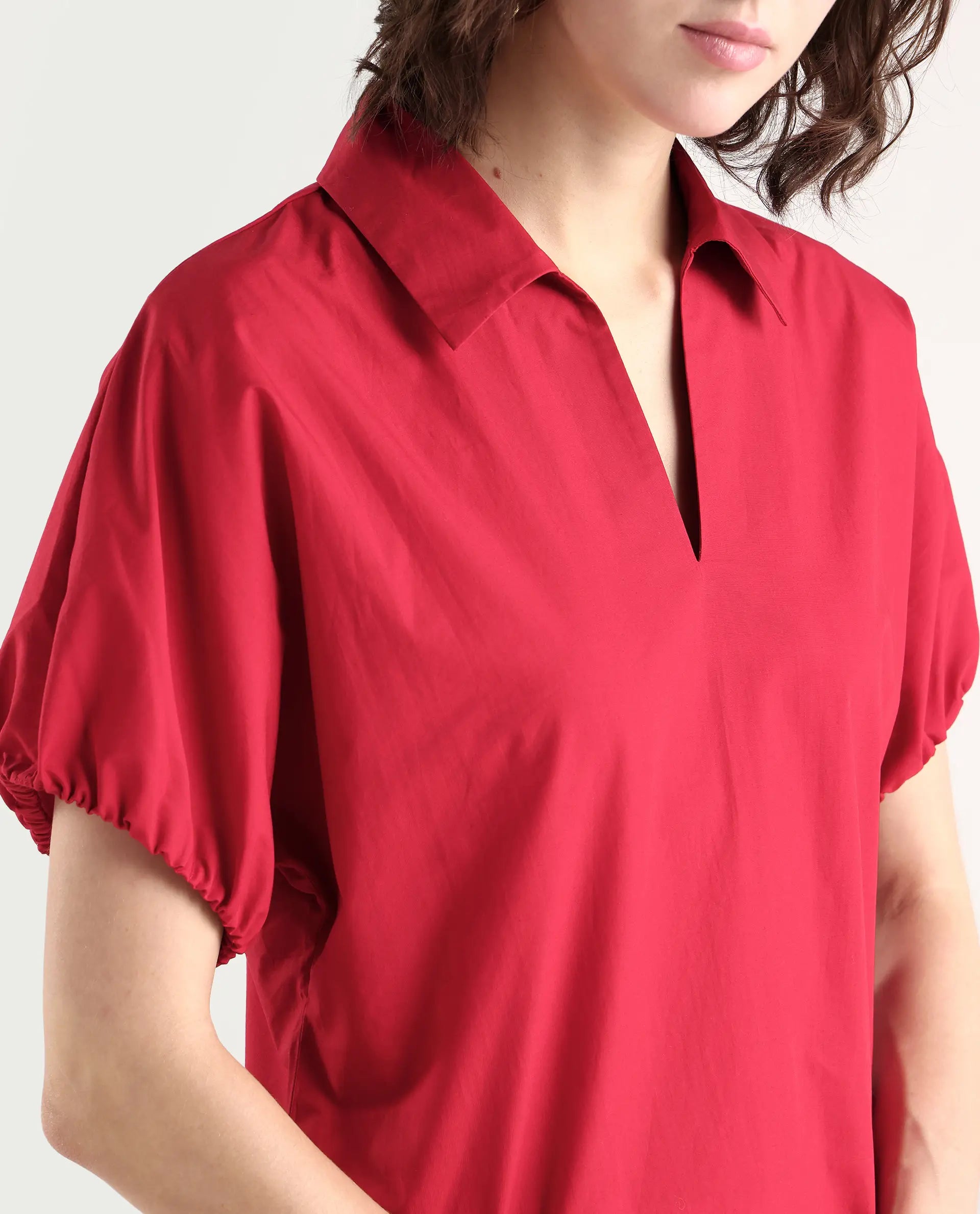 Rareism Women's Valet Red Cotton Half Sleeve Regular Fit Plain Top