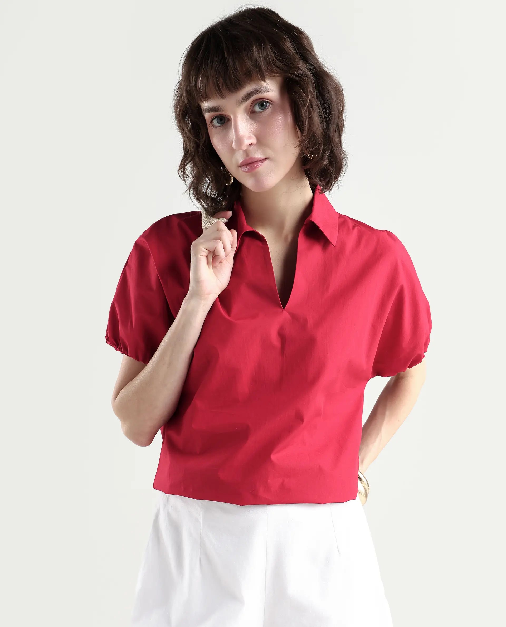 Rareism Women's Valet Red Cotton Half Sleeve Regular Fit Plain Top