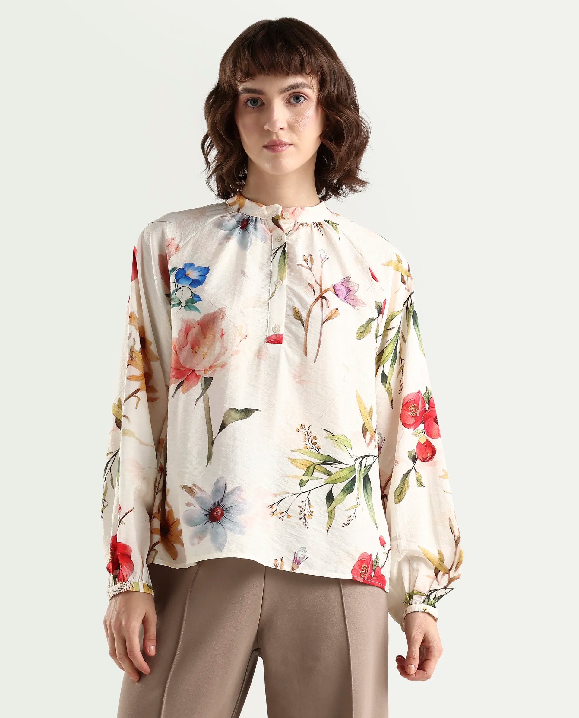 Rareism Women's Valia Off White Viscose Blend Full Sleeve Relaxed Fit Floral Print Top
