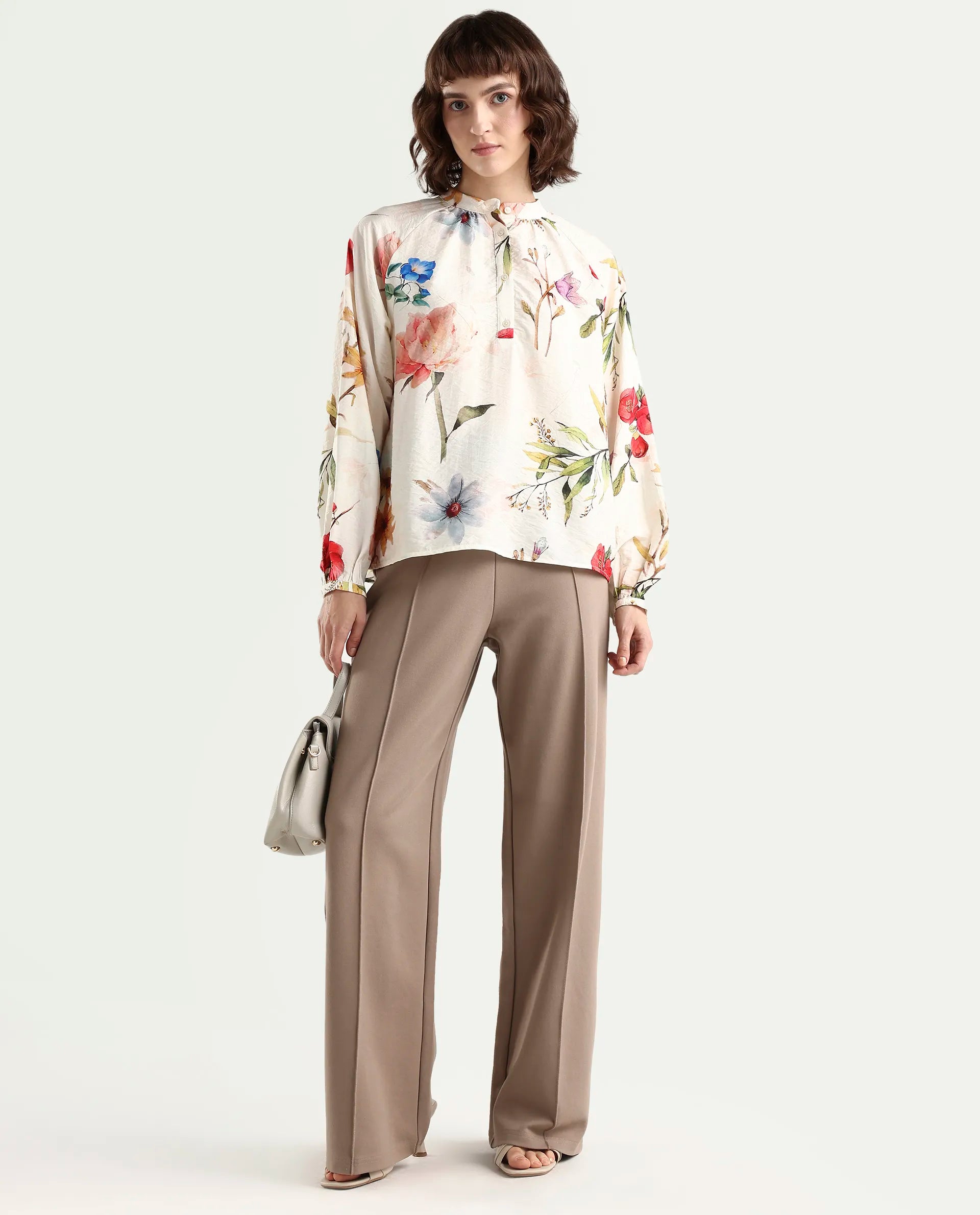 Rareism Women's Valia Off White Viscose Blend Full Sleeve Relaxed Fit Floral Print Top