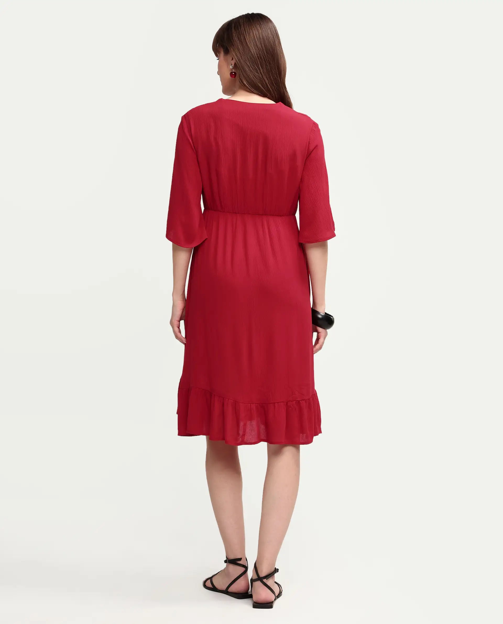 Rareism Women's Valor Red Viscose Half Sleeve Flared Plain Dress