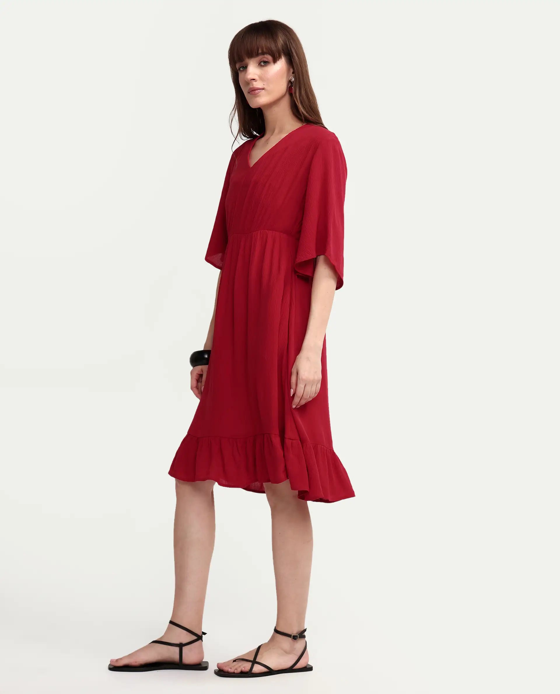 Rareism Women's Valor Red Viscose Half Sleeve Flared Plain Dress