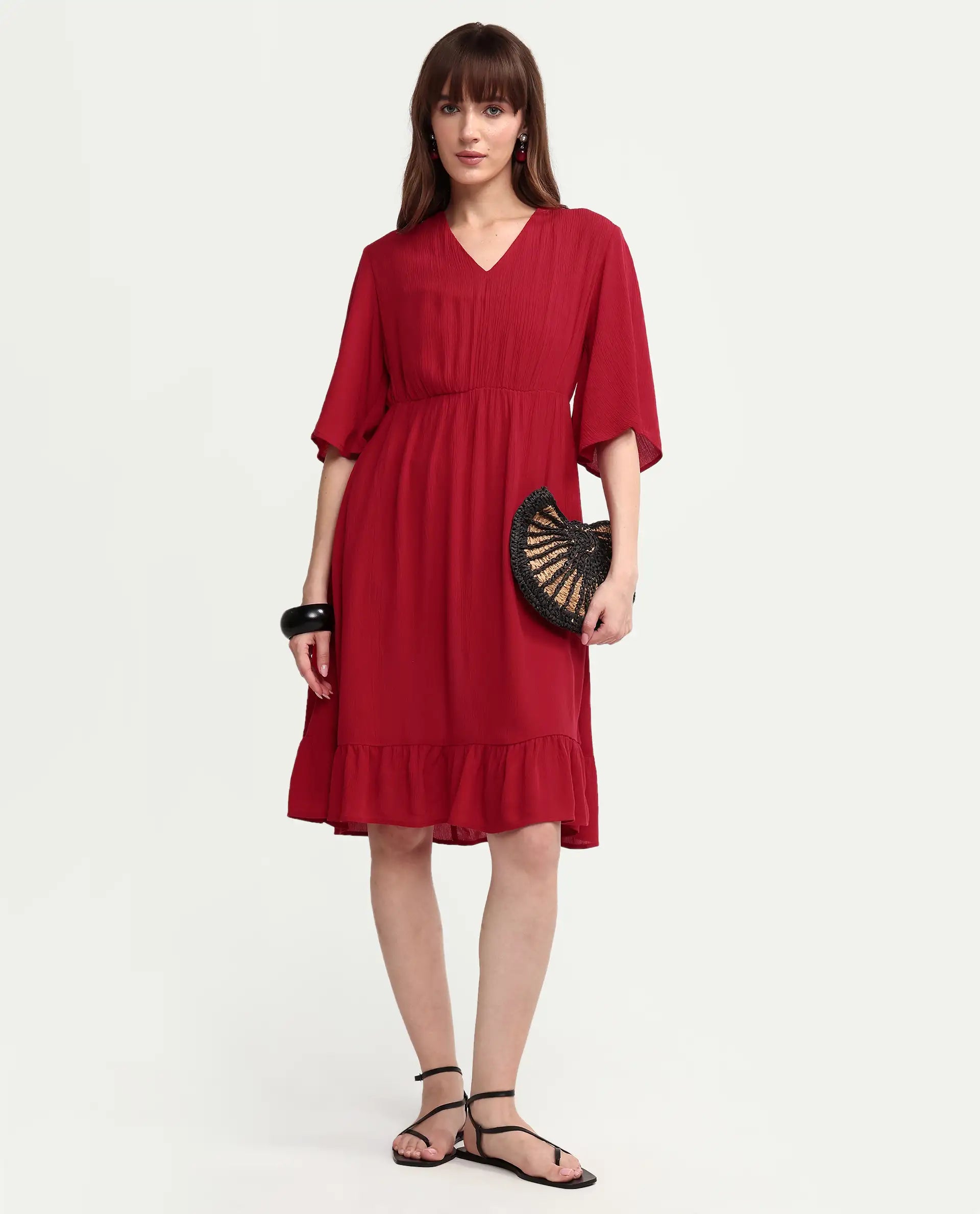 Rareism Women's Valor Red Viscose Half Sleeve Flared Plain Dress