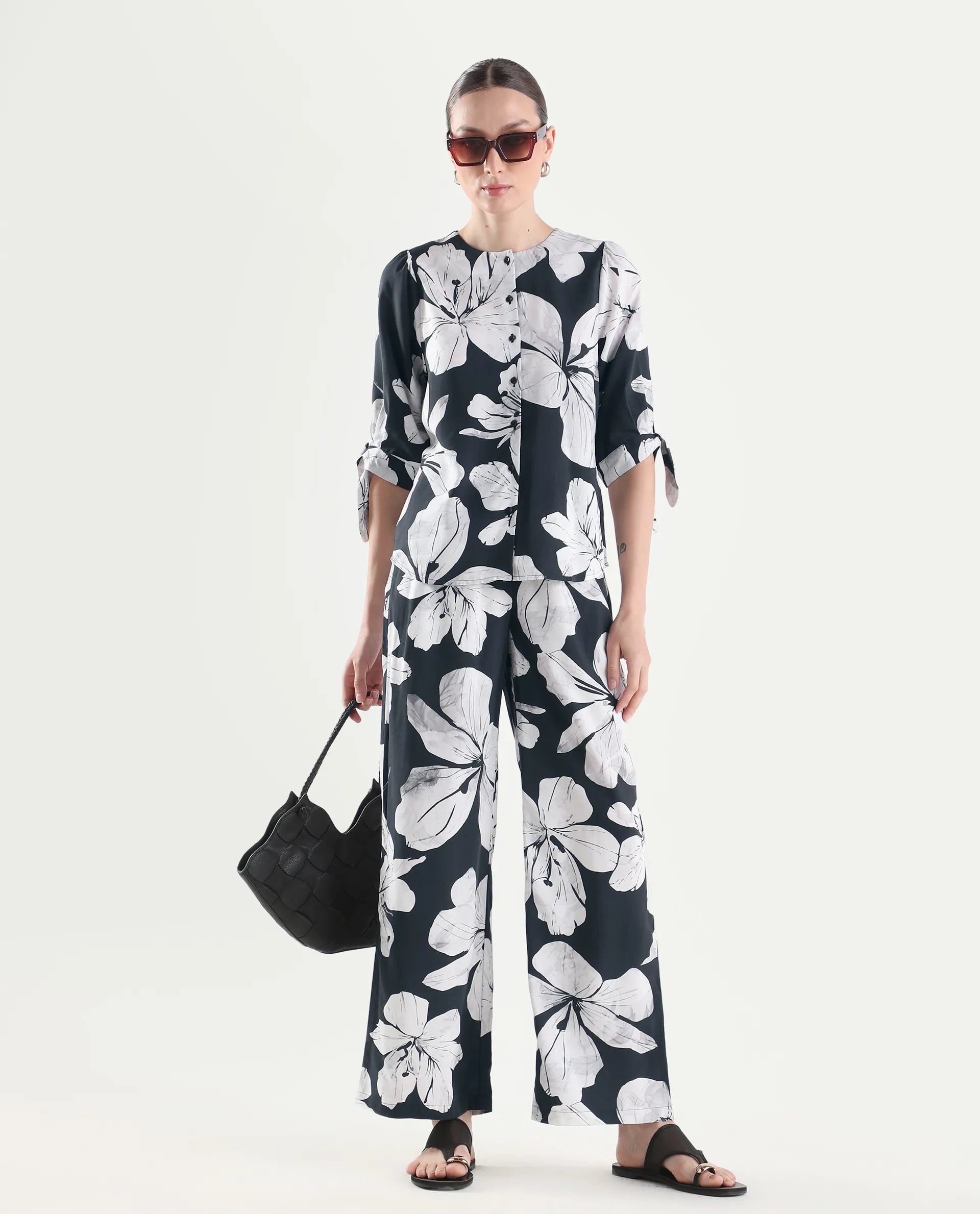 Rareism Women's Vasha-B Black Viscose Wide Floral Print Trouser