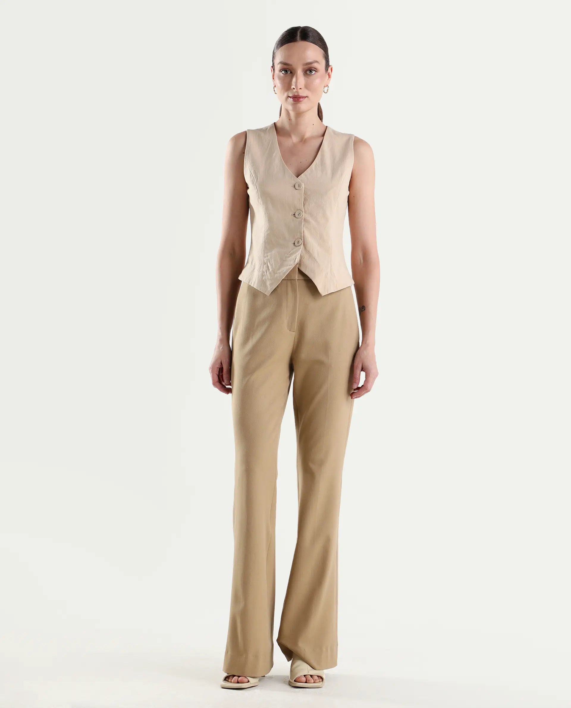 Rareism Women's Frare Khaki Viscose Bootcut Plain Trouser